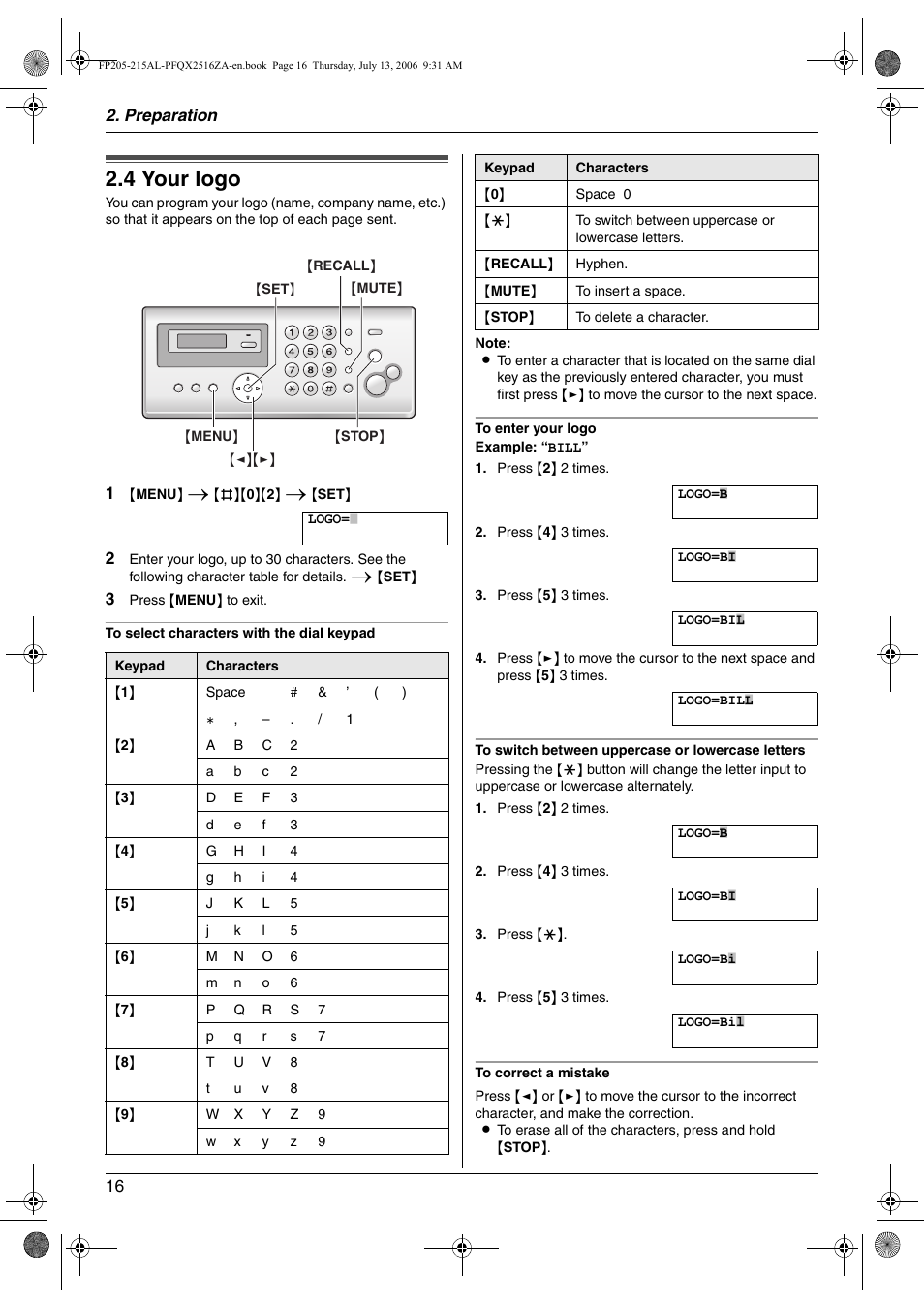 4 your logo, Your logo, 4 your logo | Panasonic KX-FP205AL User Manual | Page 16 / 60