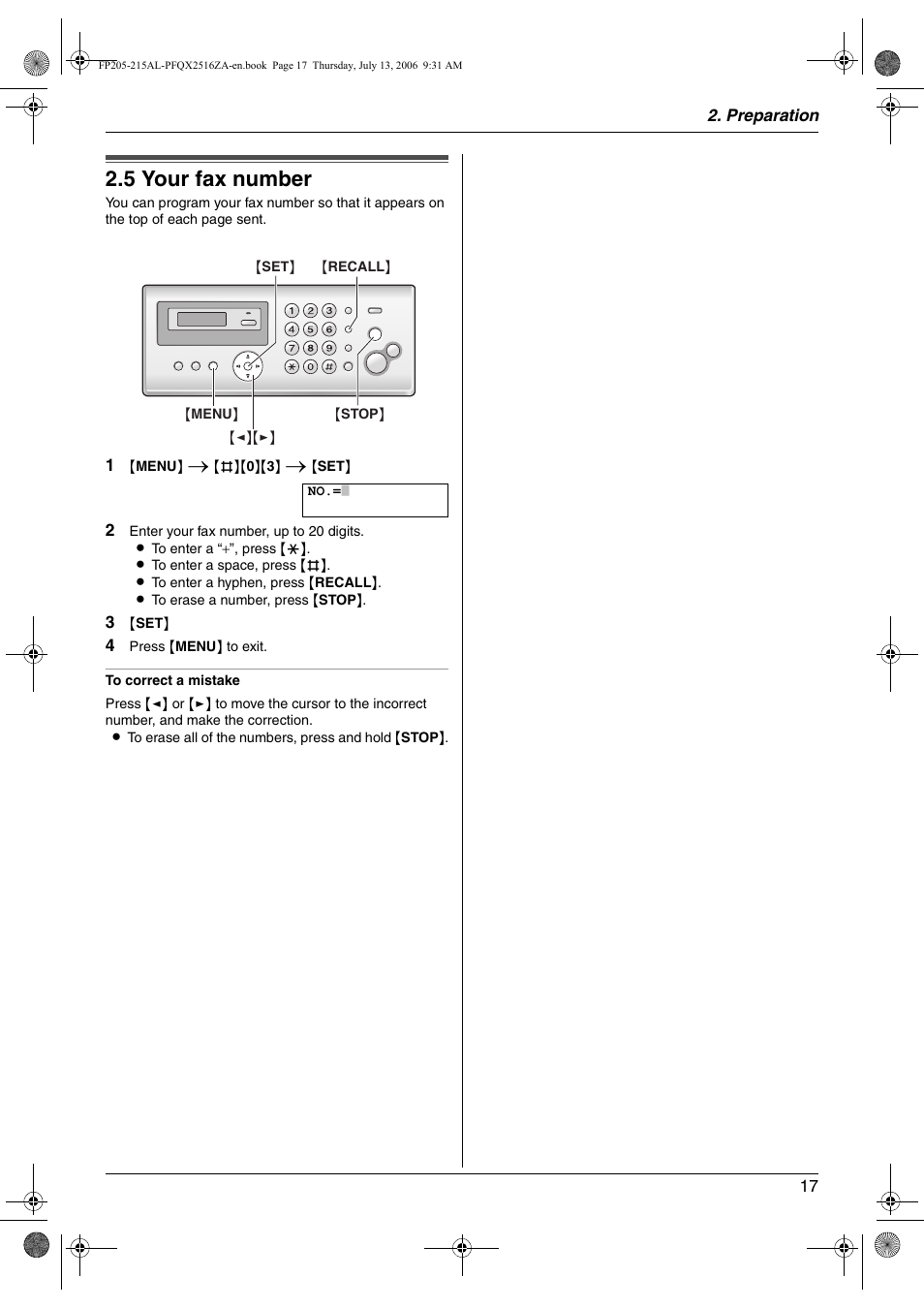 5 your fax number, Your fax number, 5 your fax number | Panasonic KX-FP205AL User Manual | Page 17 / 60