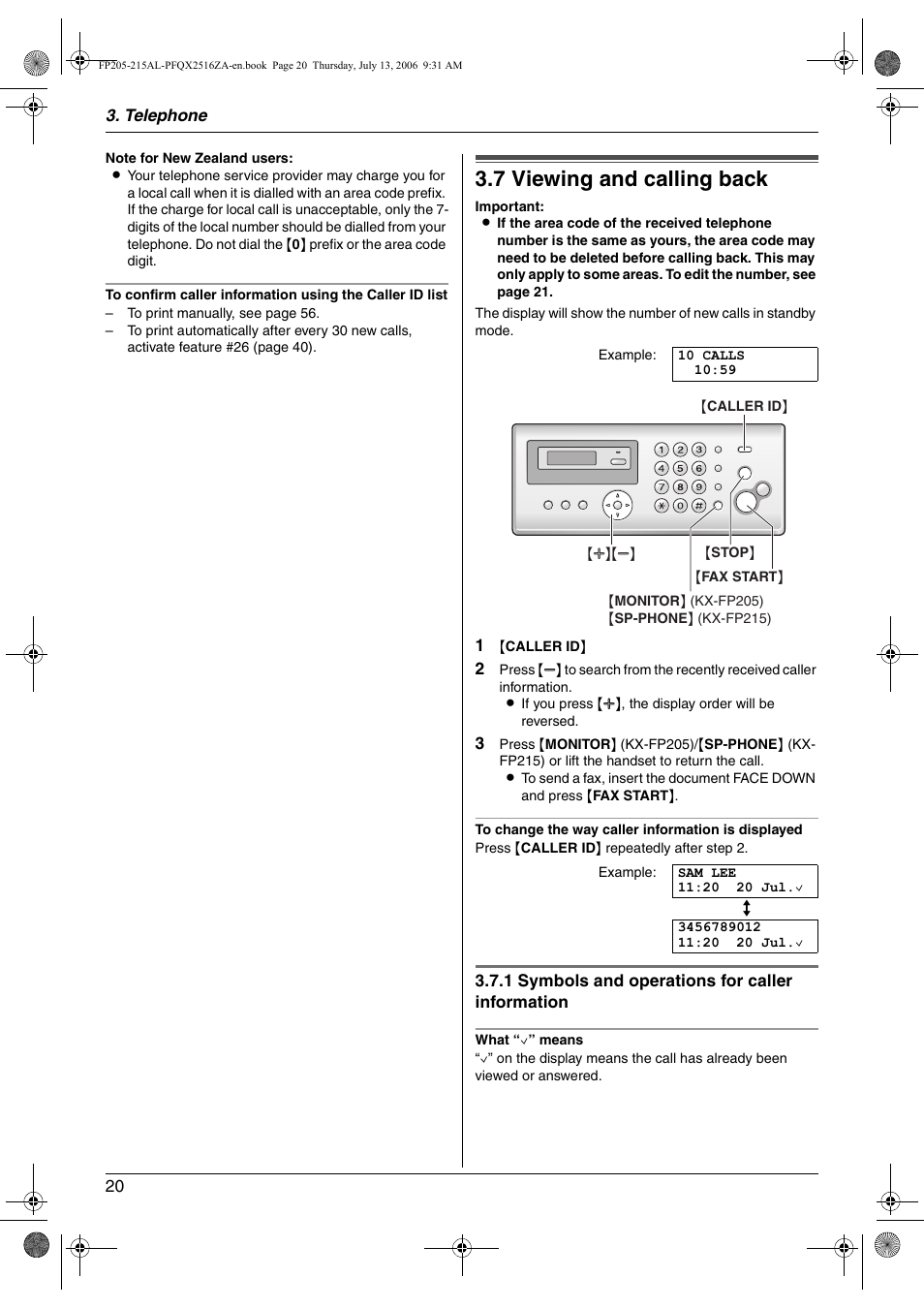 7 viewing and calling back, Viewing and calling back, 7 viewing and calling back | Panasonic KX-FP205AL User Manual | Page 20 / 60