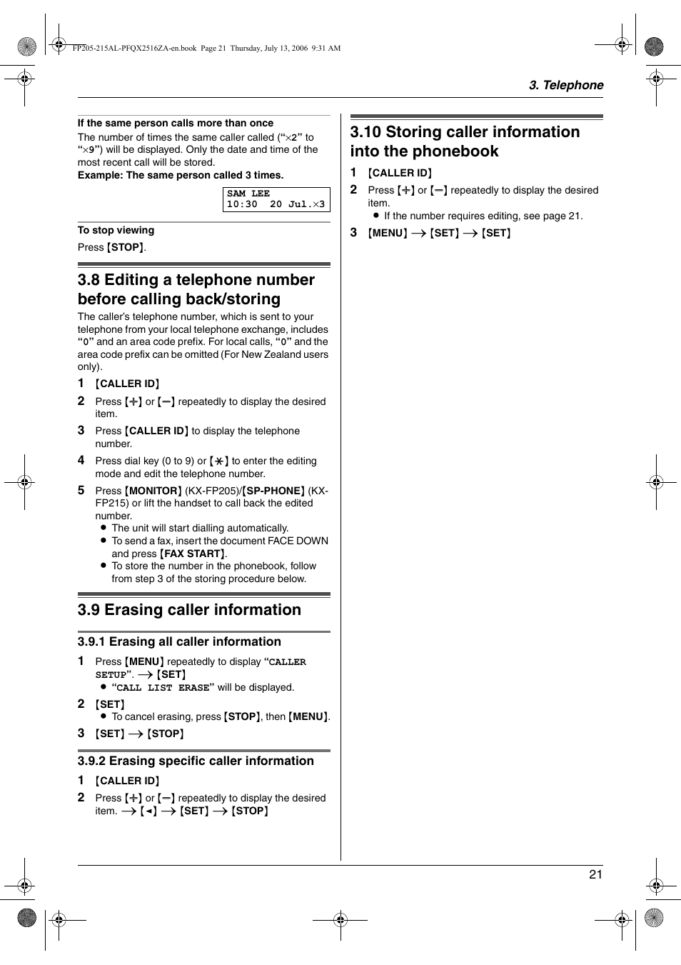 9 erasing caller information, 10 storing caller information into the phonebook, Erasing caller information | Storing caller information into the phonebook, 9 erasing caller information, 10 storing caller information into the phonebook | Panasonic KX-FP205AL User Manual | Page 21 / 60