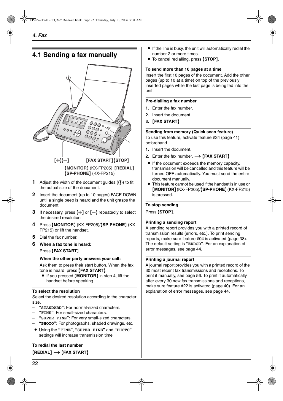 Sending faxes, 1 sending a fax manually, Sending a fax manually | 1 sending a fax manually | Panasonic KX-FP205AL User Manual | Page 22 / 60