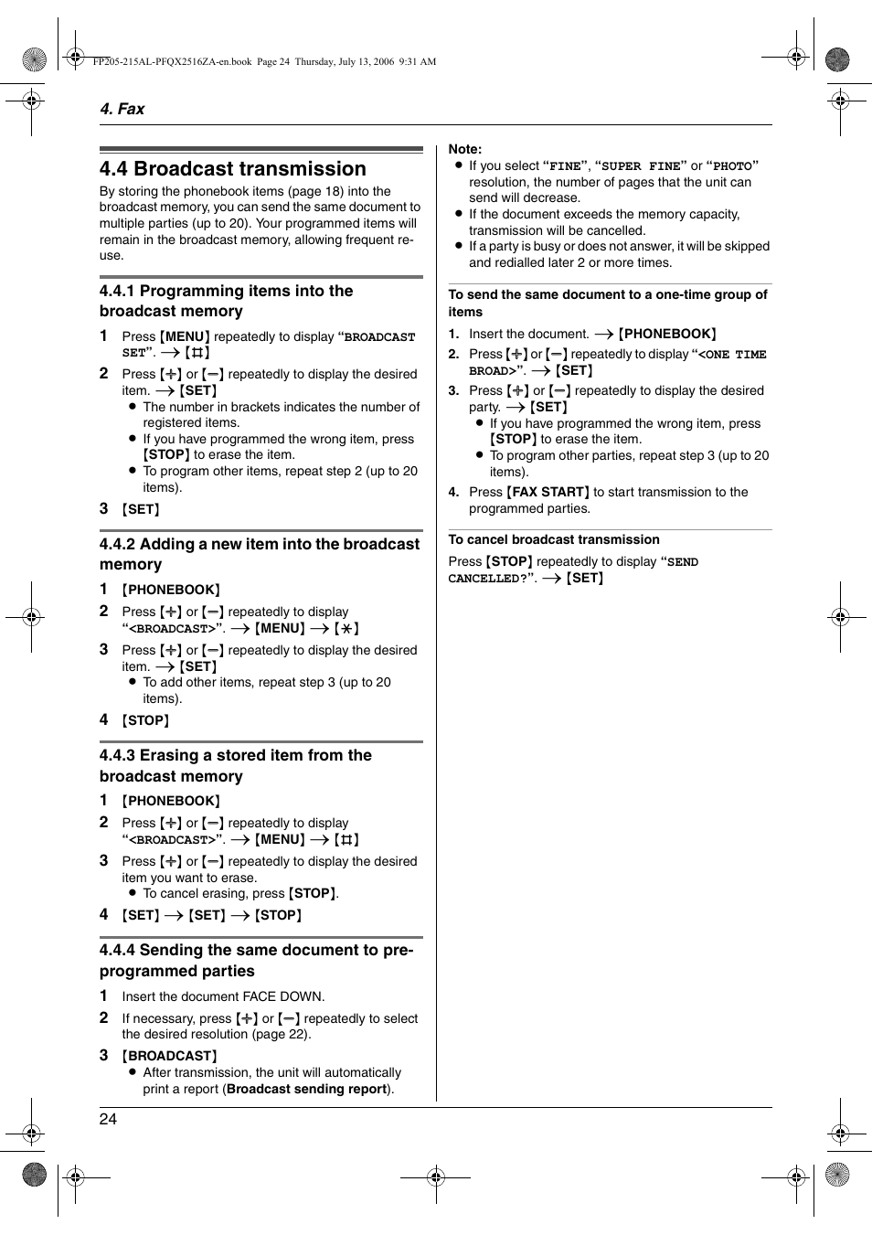 4 broadcast transmission, Broadcast transmission, 4 broadcast transmission | Panasonic KX-FP205AL User Manual | Page 24 / 60