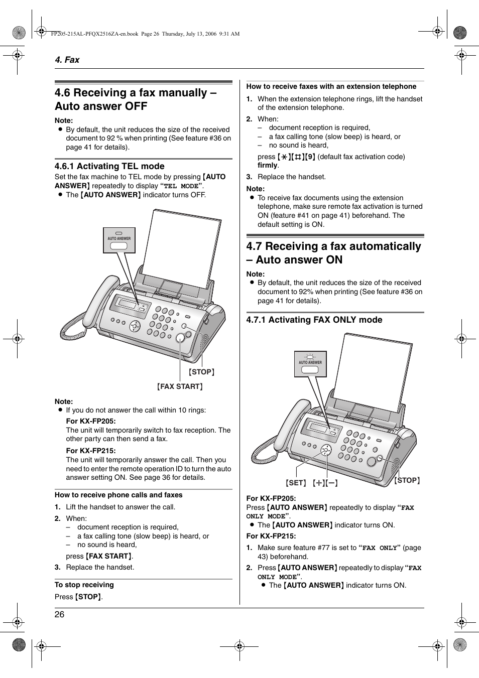 6 receiving a fax manually – auto answer off, 7 receiving a fax automatically – auto answer on, Receiving a fax manually – auto answer off | Receiving a fax automatically – auto answer on, 6 receiving a fax manually – auto answer off, 7 receiving a fax automatically – auto answer on | Panasonic KX-FP205AL User Manual | Page 26 / 60