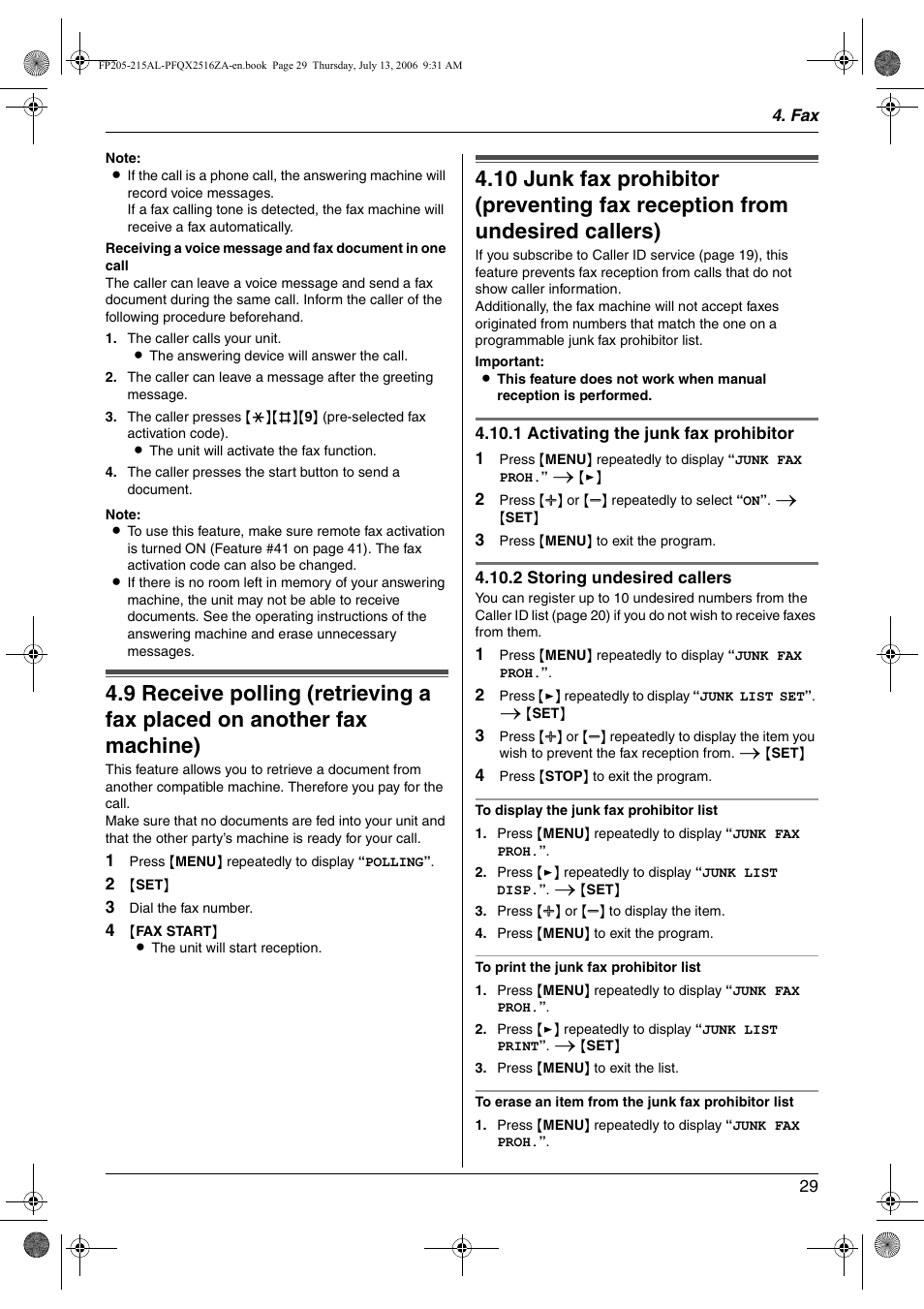 Junk fax prohibitor (preventing fax reception, From undesired callers) | Panasonic KX-FP205AL User Manual | Page 29 / 60