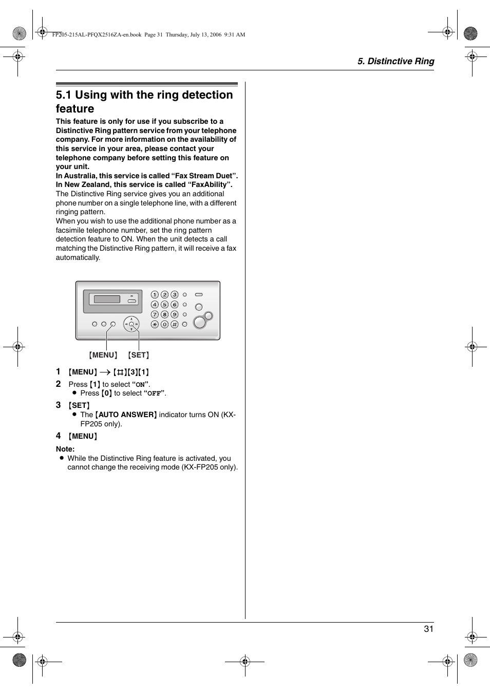 Distinctive ring, 1 using with the ring detection feature, Using with the ring detection feature | 1 using with the ring detection feature | Panasonic KX-FP205AL User Manual | Page 31 / 60