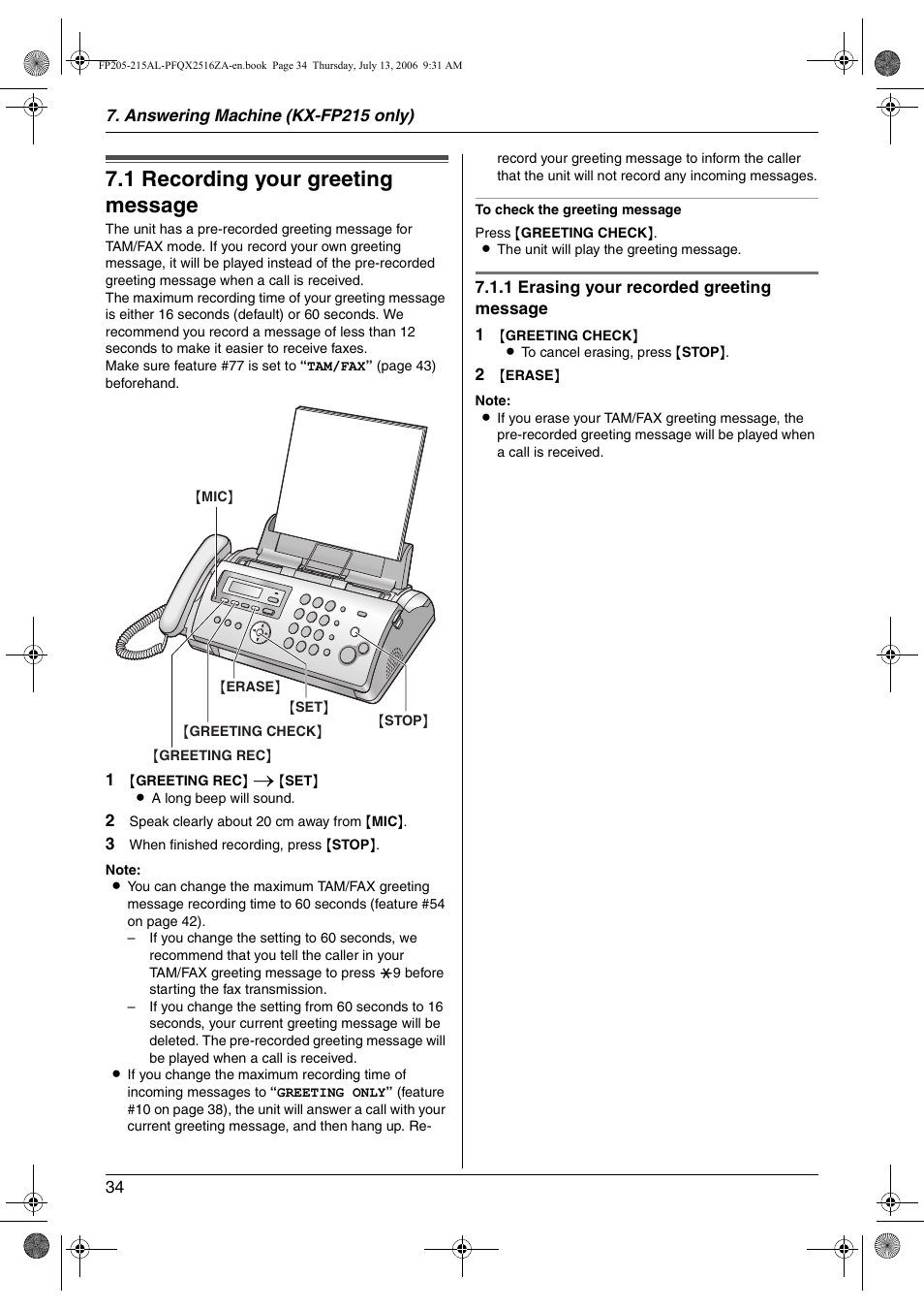 Answering machine (kx-fp215 only), Greeting, 1 recording your greeting message | Answering machine (kx-fp215, Only), Recording your greeting message, 1 recording your greeting message | Panasonic KX-FP205AL User Manual | Page 34 / 60