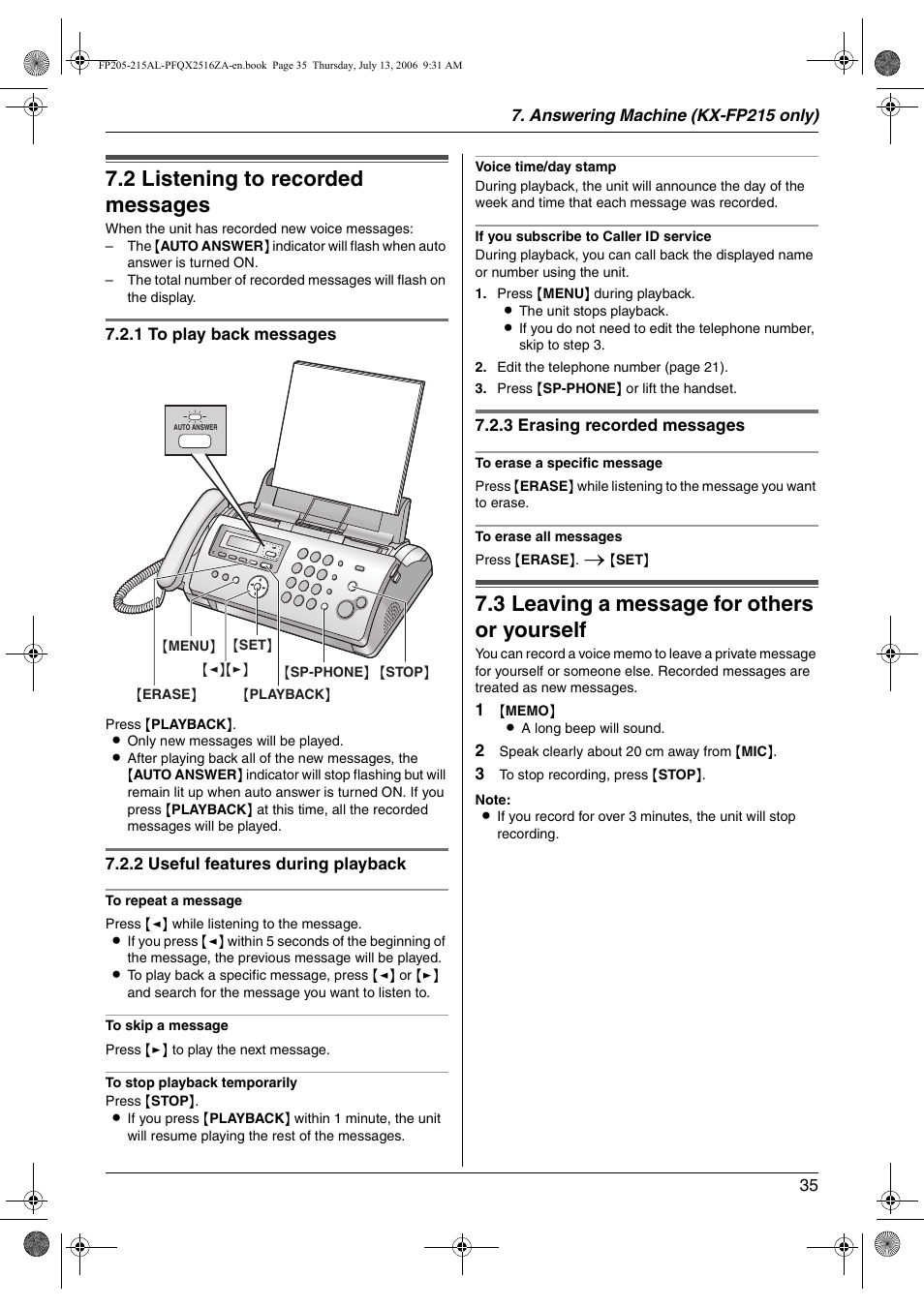 Incoming messages, 2 listening to recorded messages, Memo message | 3 leaving a message for others or yourself, Listening to recorded messages, Leaving a message for others or yourself, 2 listening to recorded messages, 3 leaving a message for others or yourself | Panasonic KX-FP205AL User Manual | Page 35 / 60