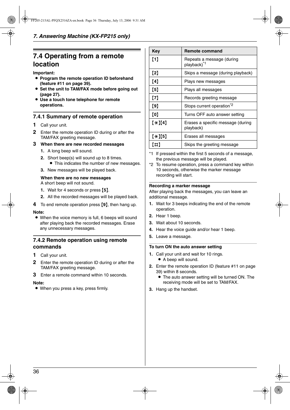 Remote operation, 4 operating from a remote location, Operating from a remote location | 4 operating from a remote location | Panasonic KX-FP205AL User Manual | Page 36 / 60