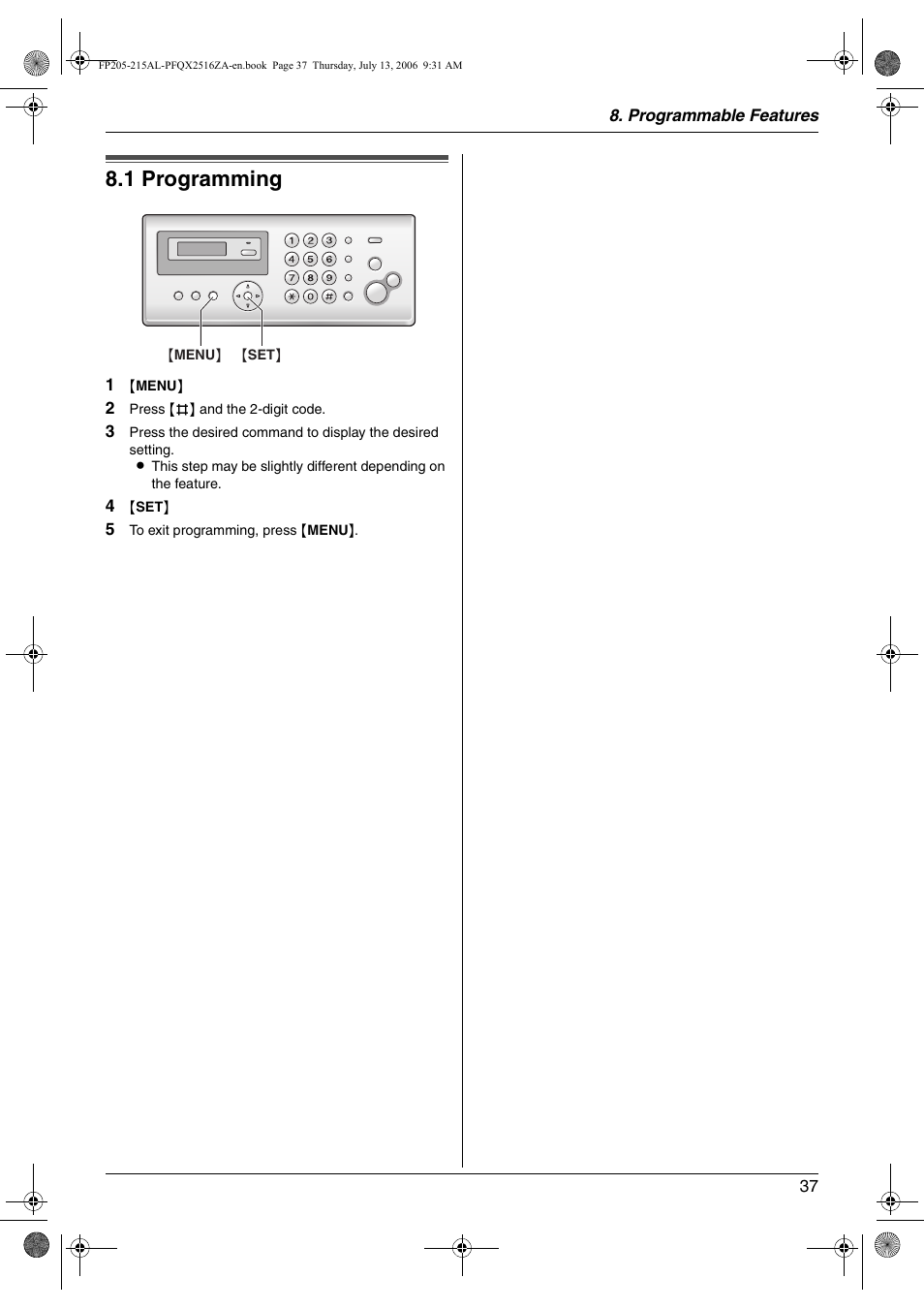 Programmable features, Features summary, 1 programming | Programming, 1 programming | Panasonic KX-FP205AL User Manual | Page 37 / 60