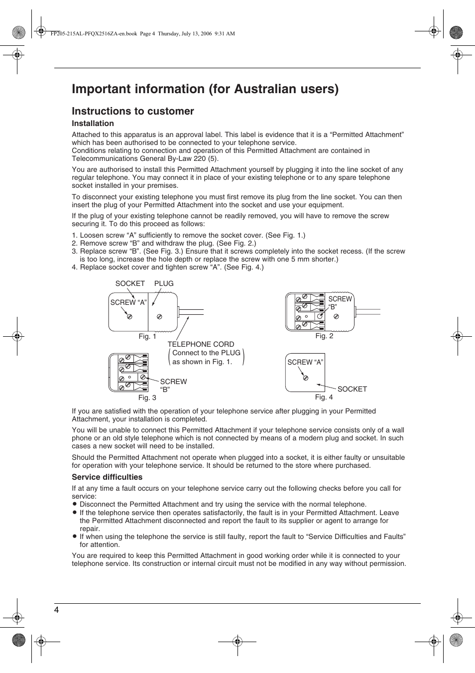 Important information (for australian users), Instructions to customer | Panasonic KX-FP205AL User Manual | Page 4 / 60