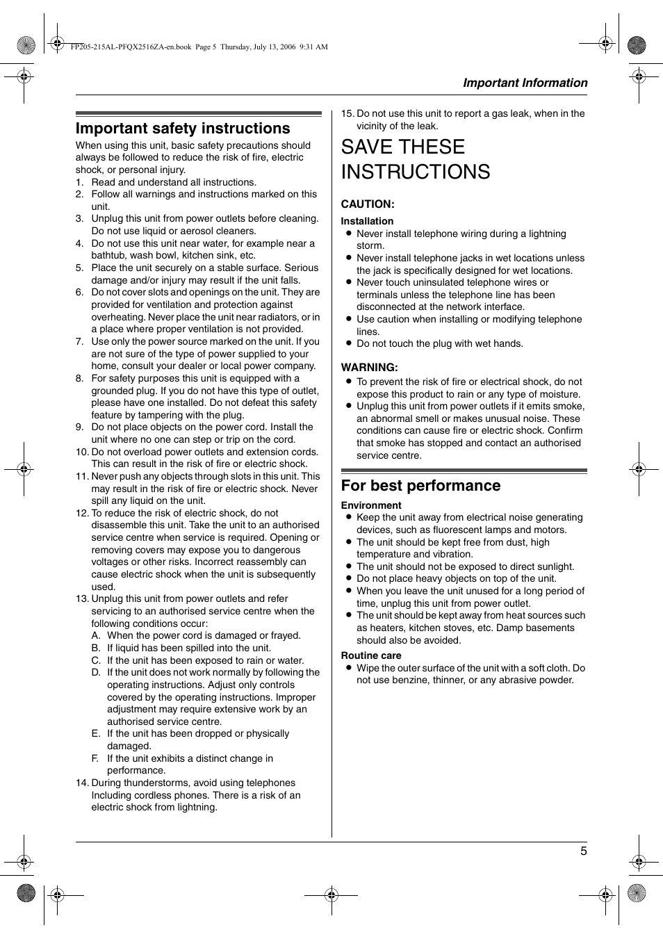 Important information, Safety instructions, Important safety instructions | For best performance, Save these instructions | Panasonic KX-FP205AL User Manual | Page 5 / 60