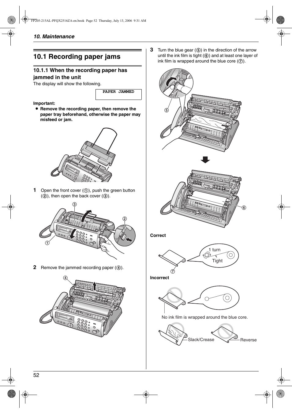 Maintenance, Jams, 1 recording paper jams | Recording paper jams, 1 recording paper jams | Panasonic KX-FP205AL User Manual | Page 52 / 60