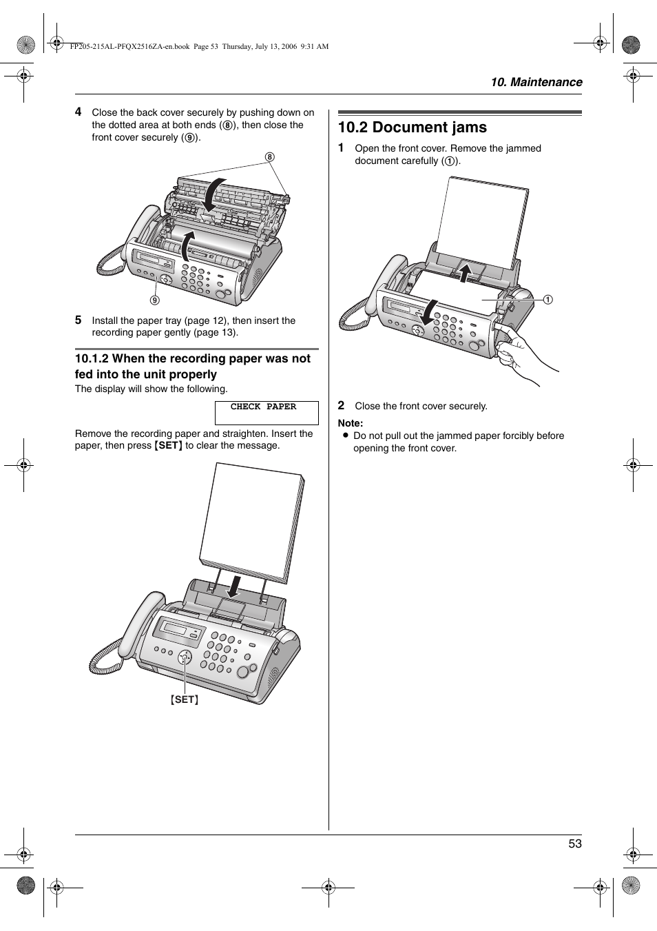 2 document jams, Document jams, 2 document jams | Panasonic KX-FP205AL User Manual | Page 53 / 60