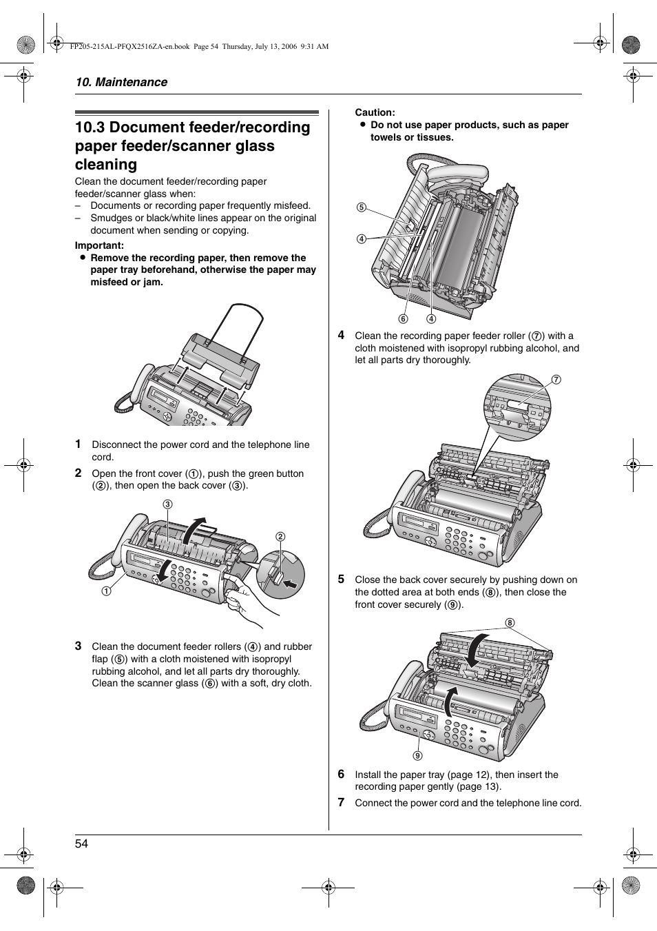 Cleaning, Document feeder/recording paper feeder, Scanner glass cleaning | Panasonic KX-FP205AL User Manual | Page 54 / 60