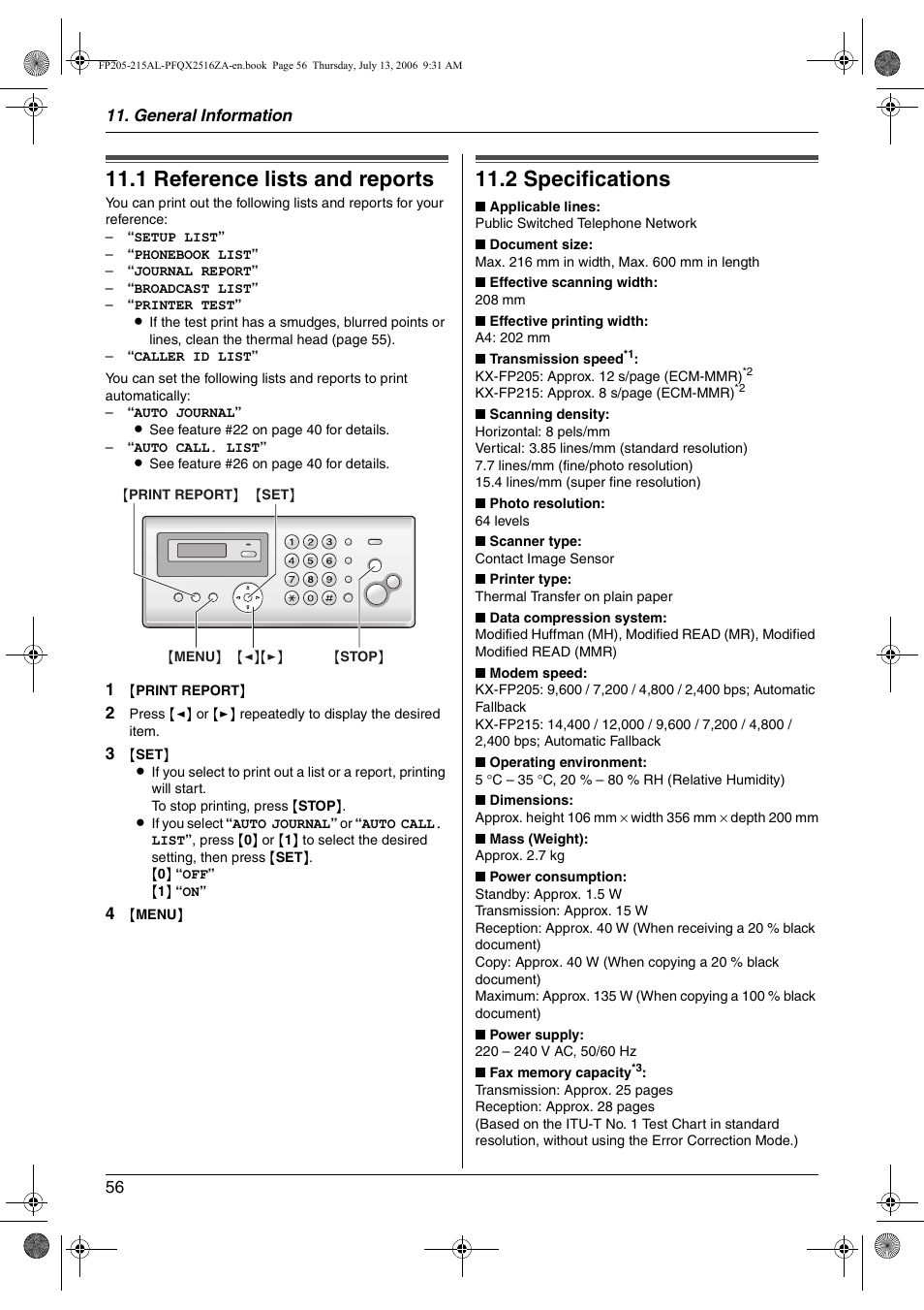 General information, Printed reports, 1 reference lists and reports | Specifications, 2 specifications, Reference lists and reports, 1 reference lists and reports, 2 specifications | Panasonic KX-FP205AL User Manual | Page 56 / 60