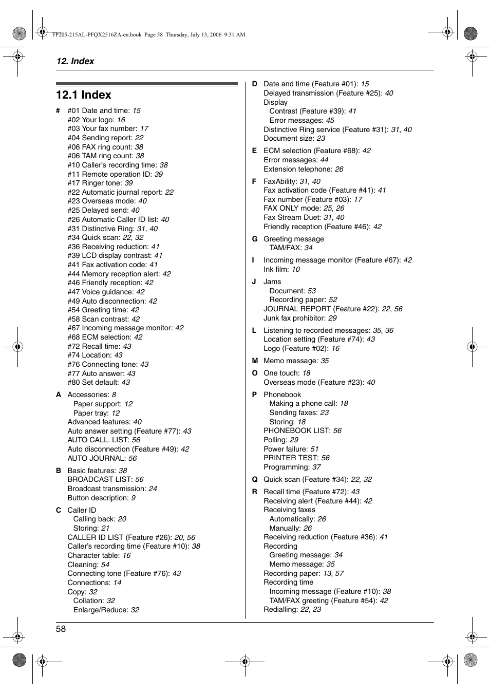 1 index | Panasonic KX-FP205AL User Manual | Page 58 / 60