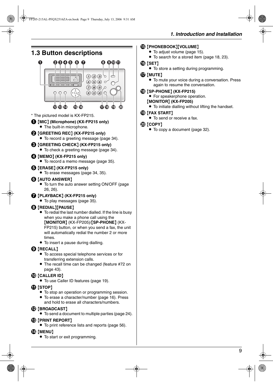 Finding the controls, 3 button descriptions, Button descriptions | 3 button descriptions | Panasonic KX-FP205AL User Manual | Page 9 / 60