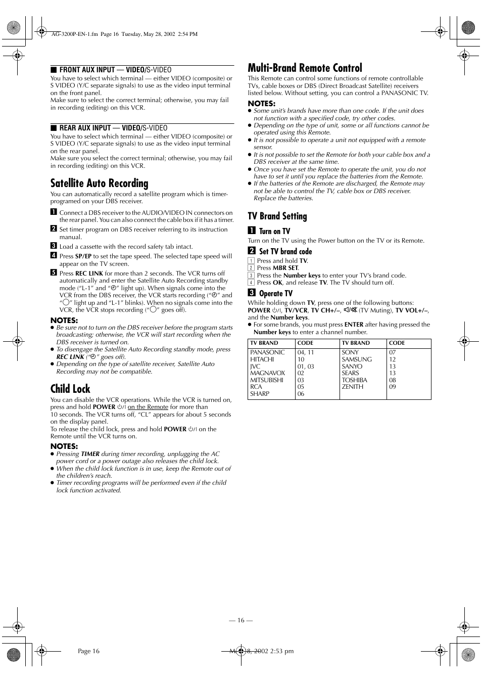Satellite auto recording, Child lock, Multi-brand remote control | Tv brand setting a | Panasonic AG-3200P User Manual | Page 16 / 24