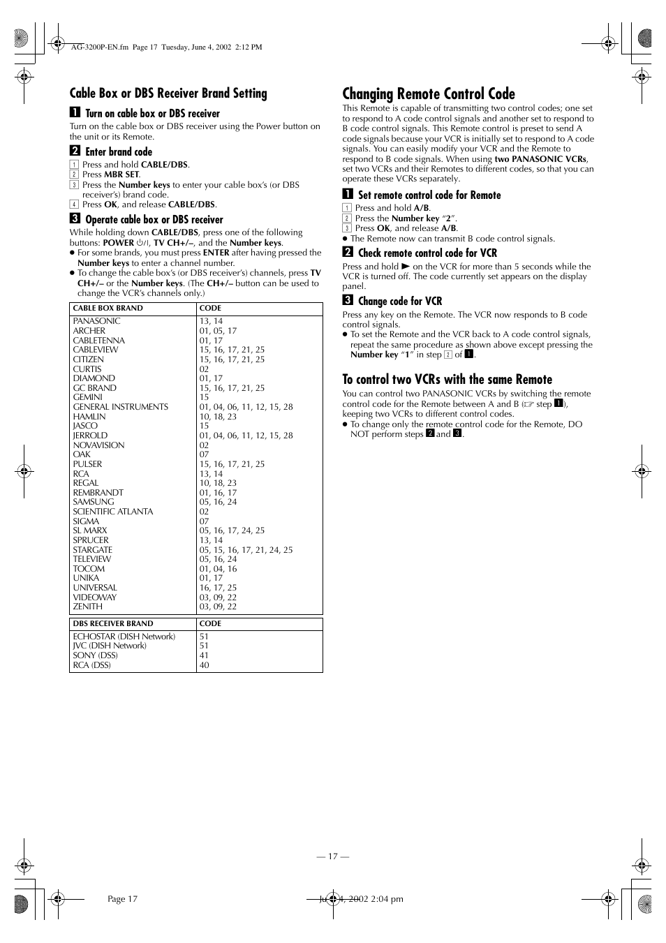 Changing remote control code, Cable box or dbs receiver brand setting a | Panasonic AG-3200P User Manual | Page 17 / 24