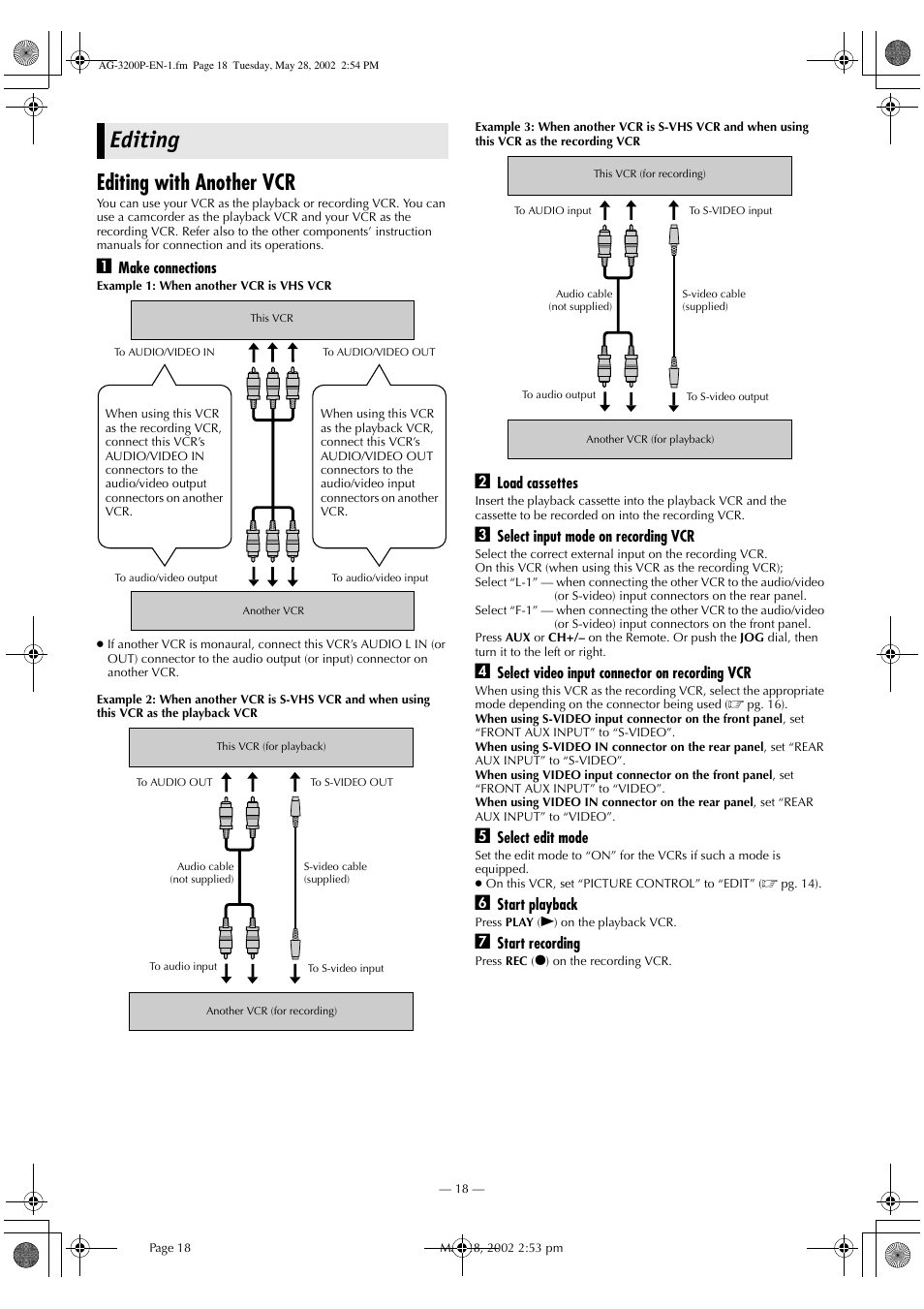 Editing, Editing with another vcr | Panasonic AG-3200P User Manual | Page 18 / 24