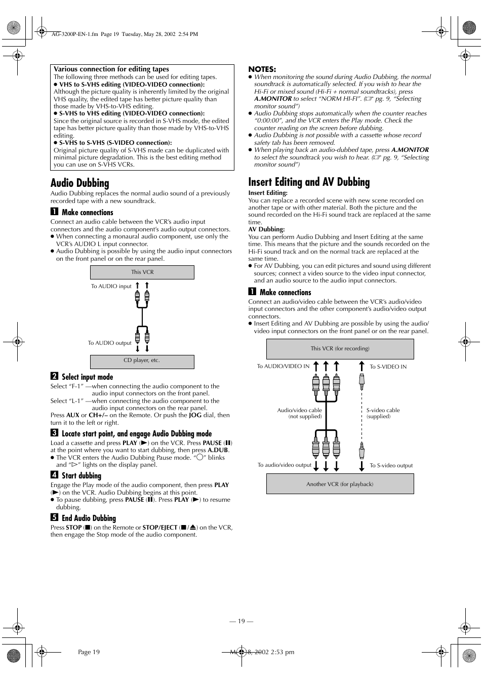 Audio dubbing, Insert editing and av dubbing | Panasonic AG-3200P User Manual | Page 19 / 24