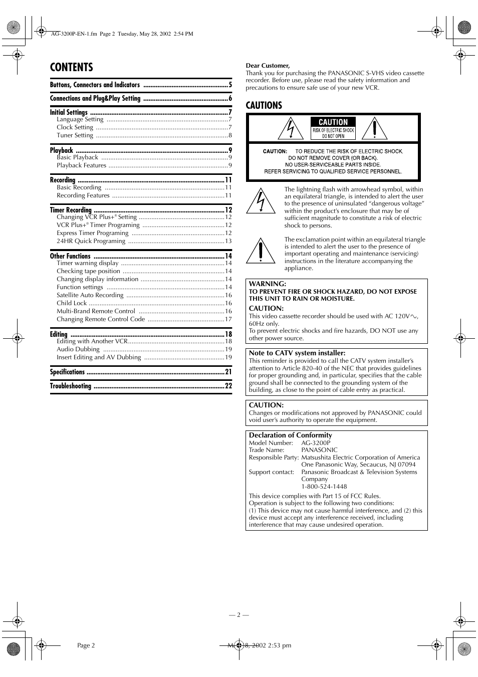 Panasonic AG-3200P User Manual | Page 2 / 24