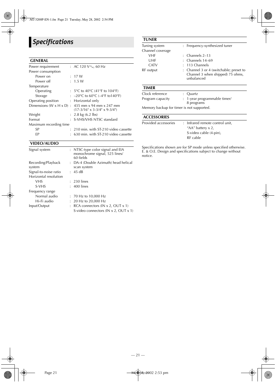 Specifications | Panasonic AG-3200P User Manual | Page 21 / 24