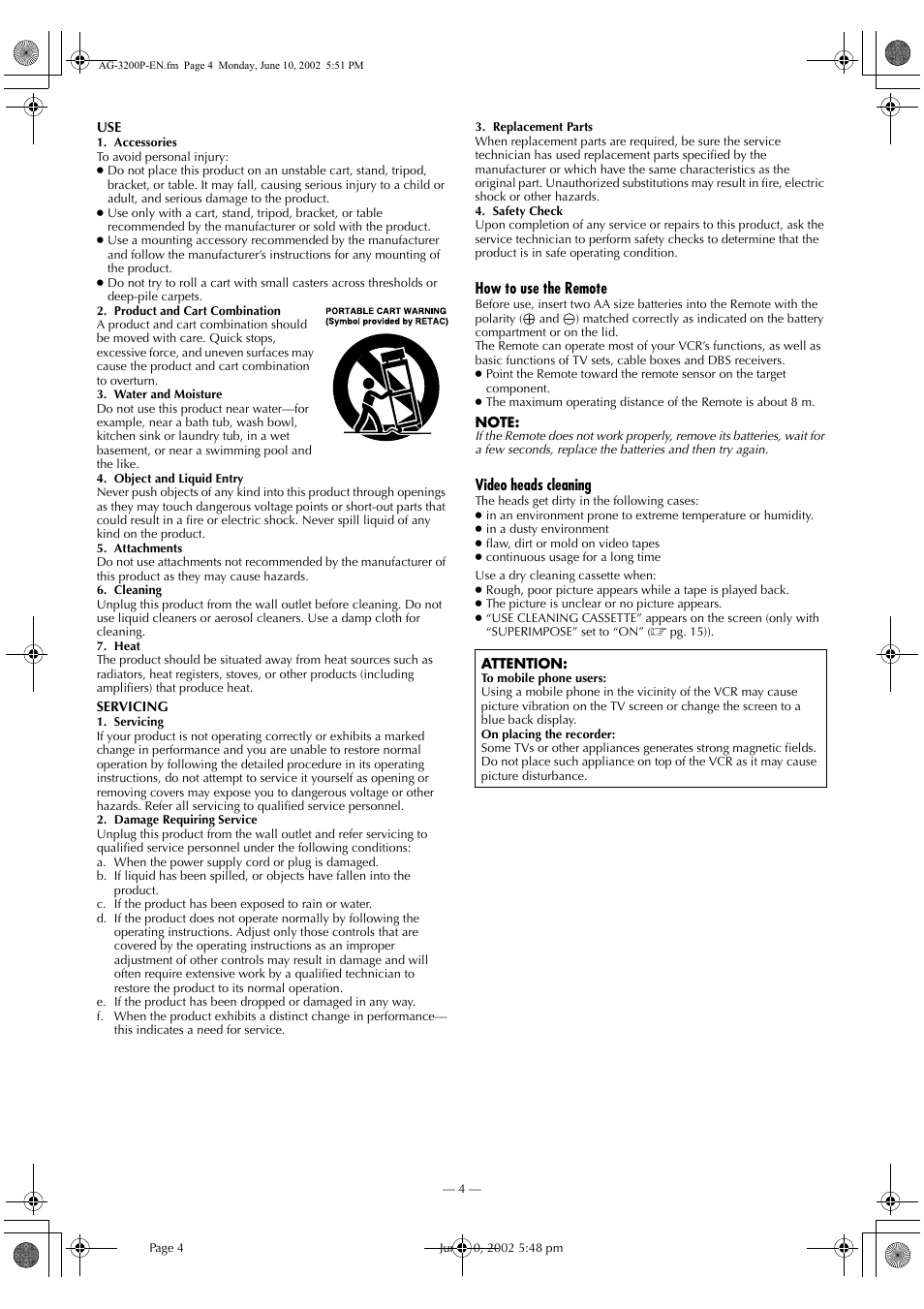 How to use the remote, Video heads cleaning | Panasonic AG-3200P User Manual | Page 4 / 24