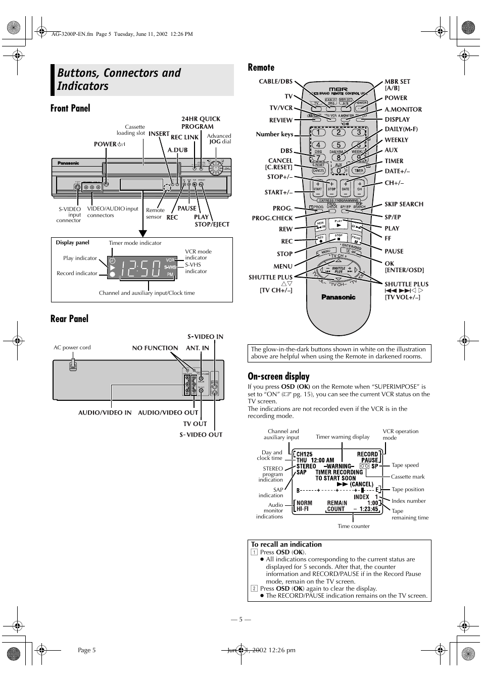 Buttons, connectors and indicators, Front panel rear panel remote on-screen display | Panasonic AG-3200P User Manual | Page 5 / 24