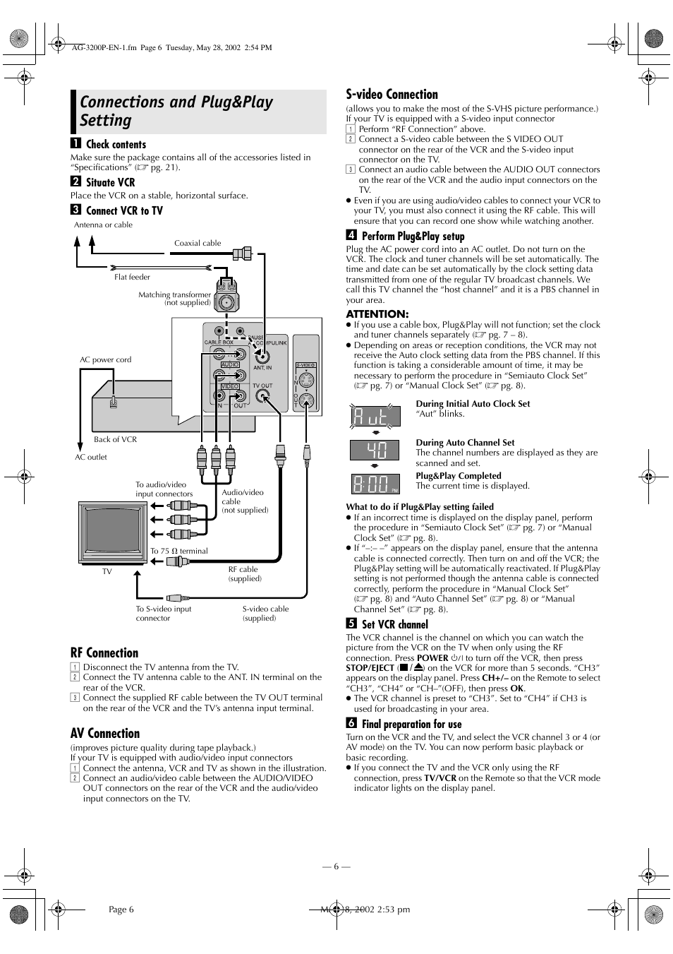 Connections and plug&play setting, Rf connection, Av connection | S-video connection | Panasonic AG-3200P User Manual | Page 6 / 24