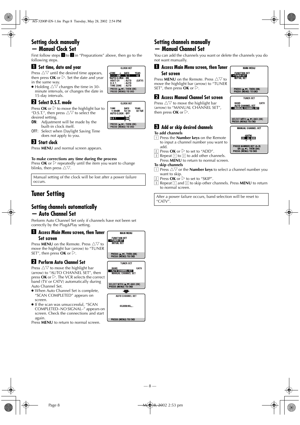 Tuner setting, Setting clock manually — manual clock set, Setting channels automatically — auto channel set | Setting channels manually — manual channel set | Panasonic AG-3200P User Manual | Page 8 / 24