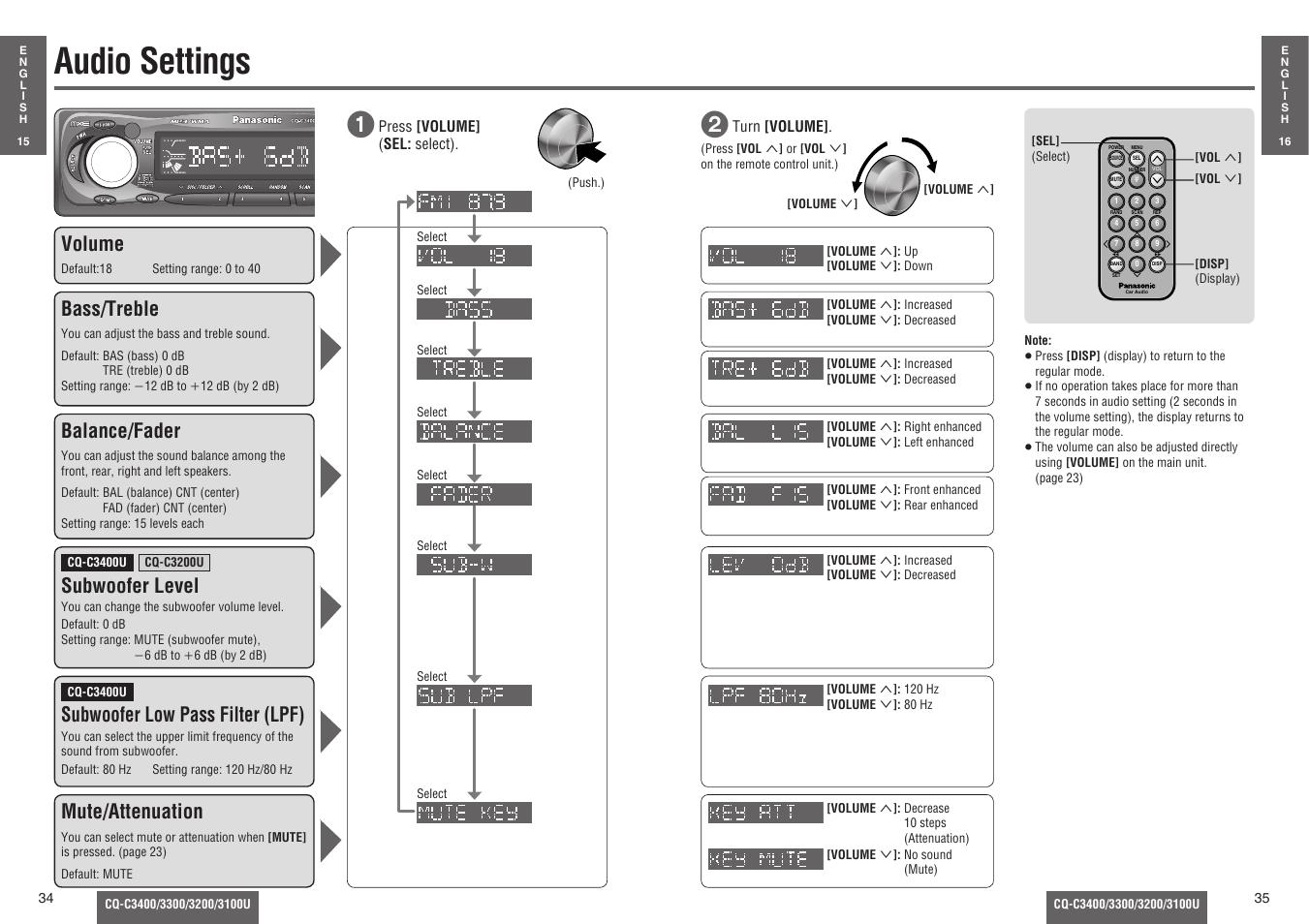 Audio settings, Volume, Bass/treble | Balance/fader, Subwoofer level, Subwoofer low pass filter (lpf), Mute/attenuation | Panasonic C3100U User Manual | Page 12 / 24