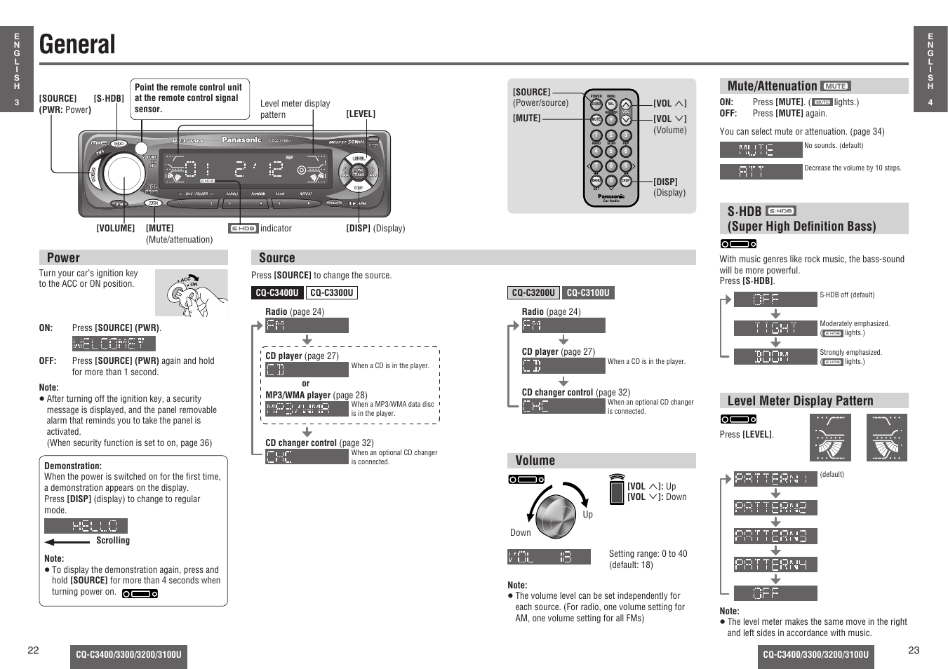 General, Volume, Source | Mute/attenuation, S·hdb (super high defi nition bass), Level meter display pattern, Power | Panasonic C3100U User Manual | Page 6 / 24