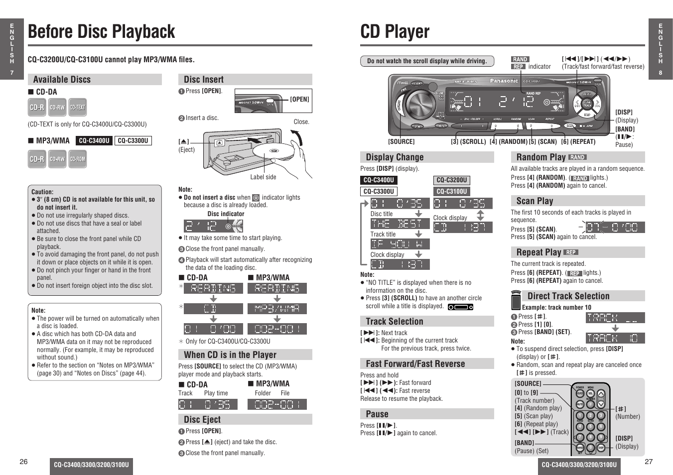 Before disc playback, Cd player | Panasonic C3100U User Manual | Page 8 / 24