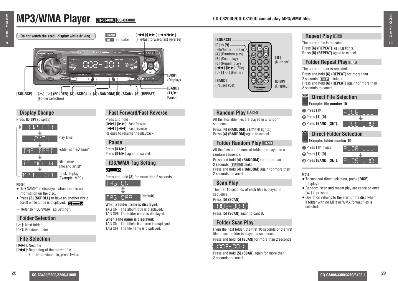 Mp3/wma player, Fast forward/fast reverse, Pause | Id3/wma tag setting, Display change, Folder selection, File selection, Random play, Folder random play, Scan play | Panasonic C3100U User Manual | Page 9 / 24