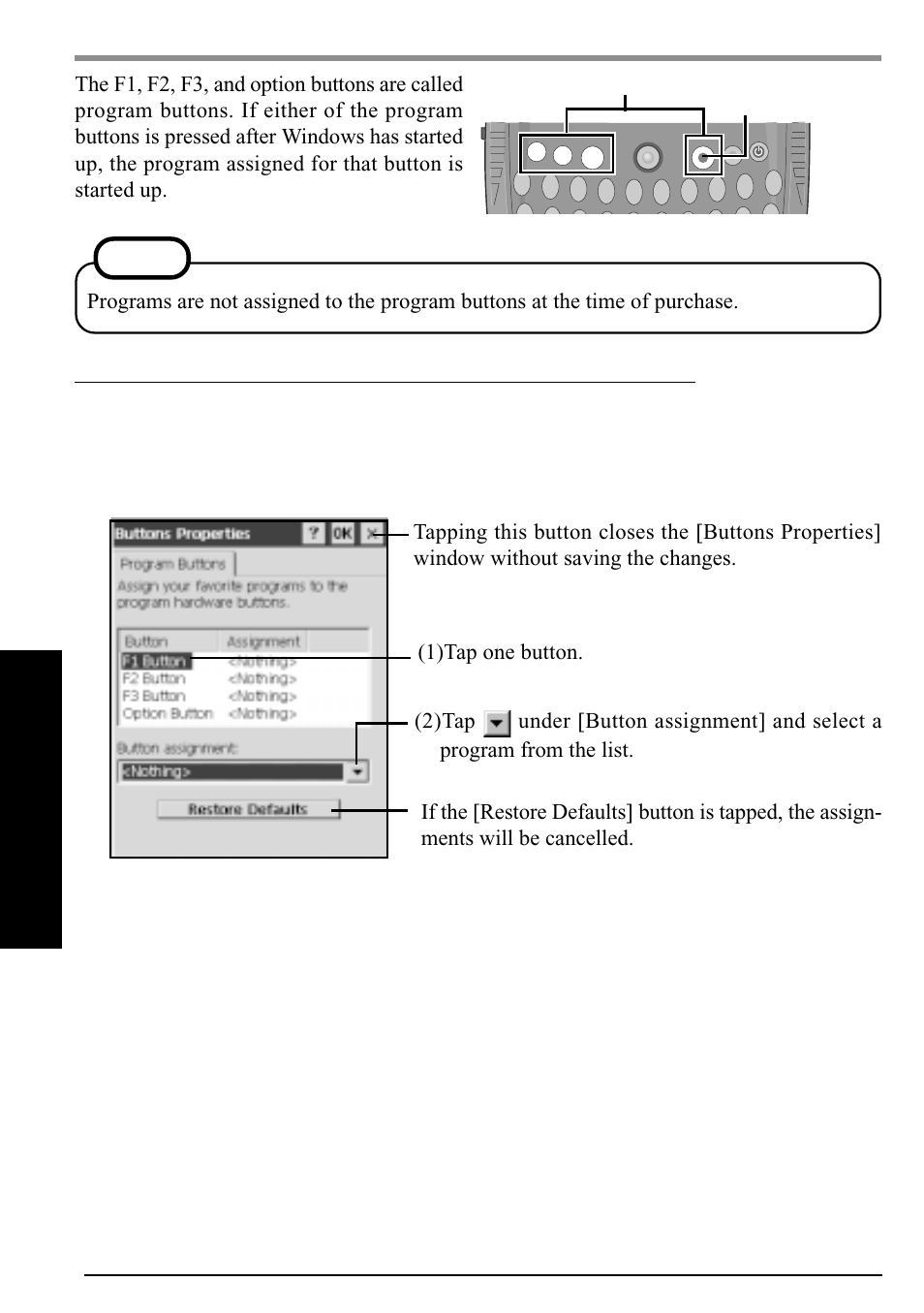 Program buttons, Changing the assignment of a program button, 1)tap one button | Panasonic CF-P1Series User Manual | Page 20 / 40