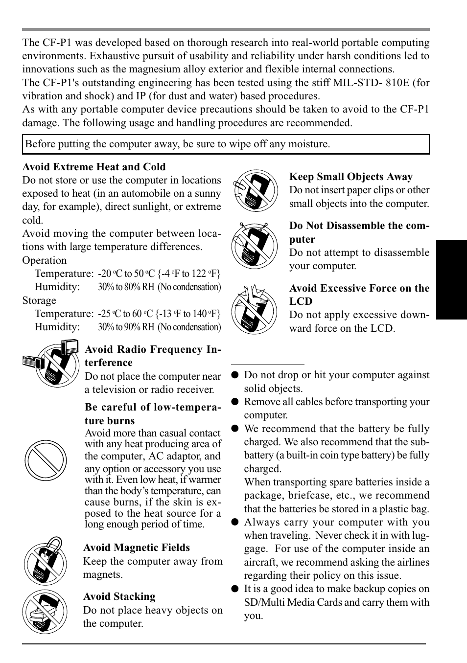 Precautions, Handling | Panasonic CF-P1Series User Manual | Page 5 / 40