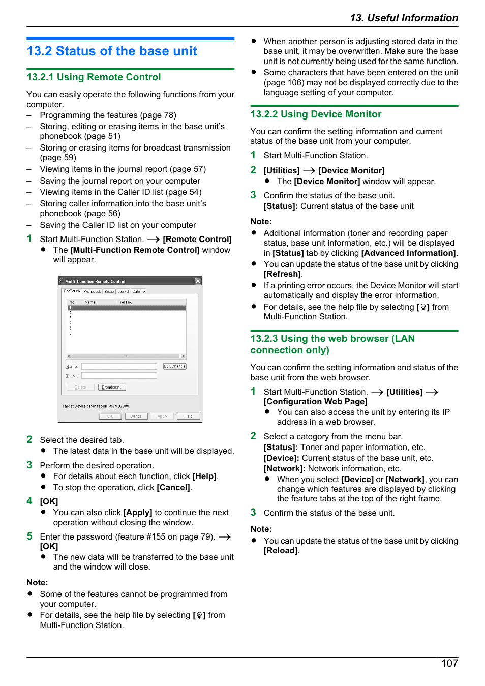 2 status of the base unit, 1 using remote control, 2 using device monitor | 3 using the web browser (lan connection only), Status of the base unit, 107) (lan connection only) | Panasonic KX-MB2060 User Manual | Page 107 / 160