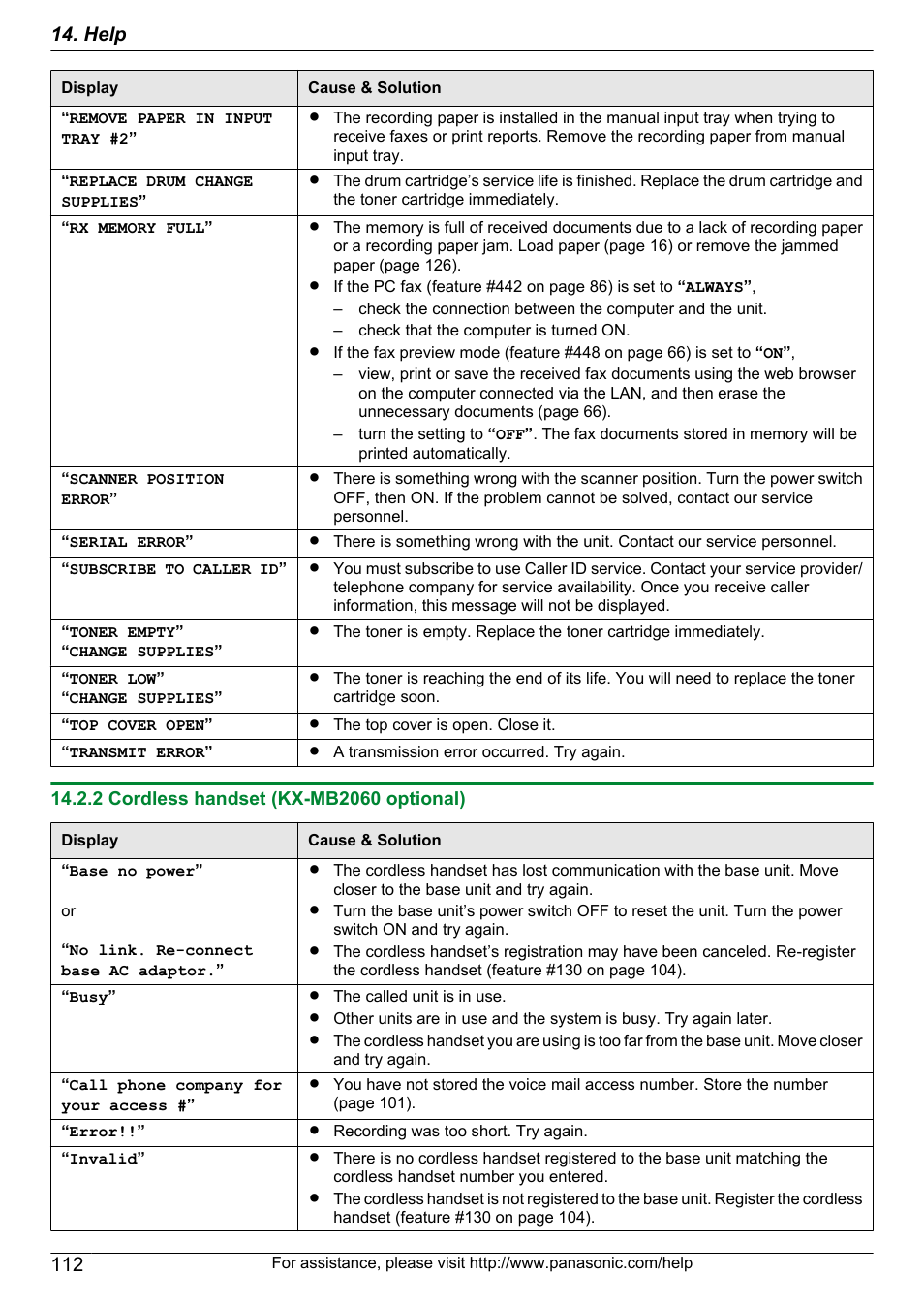 2 cordless handset (kx-mb2060 optional), Help | Panasonic KX-MB2060 User Manual | Page 112 / 160
