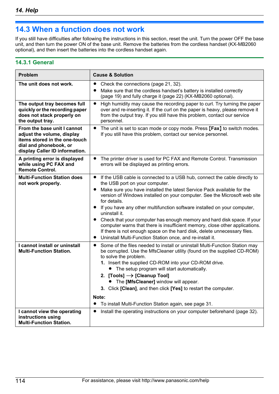 Troubleshooting, 3 when a function does not work, 1 general | When a function does not work, Help | Panasonic KX-MB2060 User Manual | Page 114 / 160