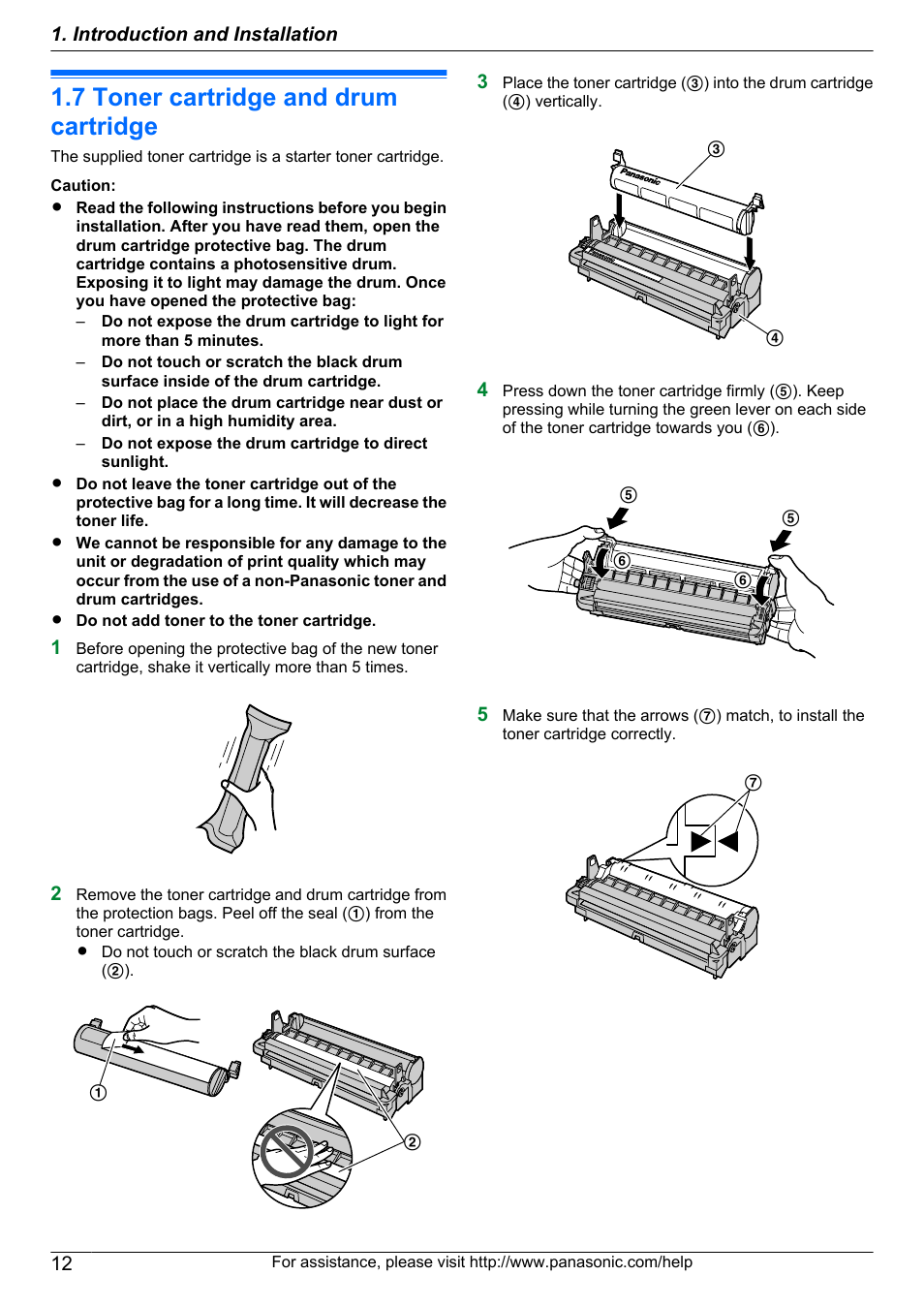 Installation, 7 toner cartridge and drum cartridge, Toner cartridge and drum cartridge | Panasonic KX-MB2060 User Manual | Page 12 / 160