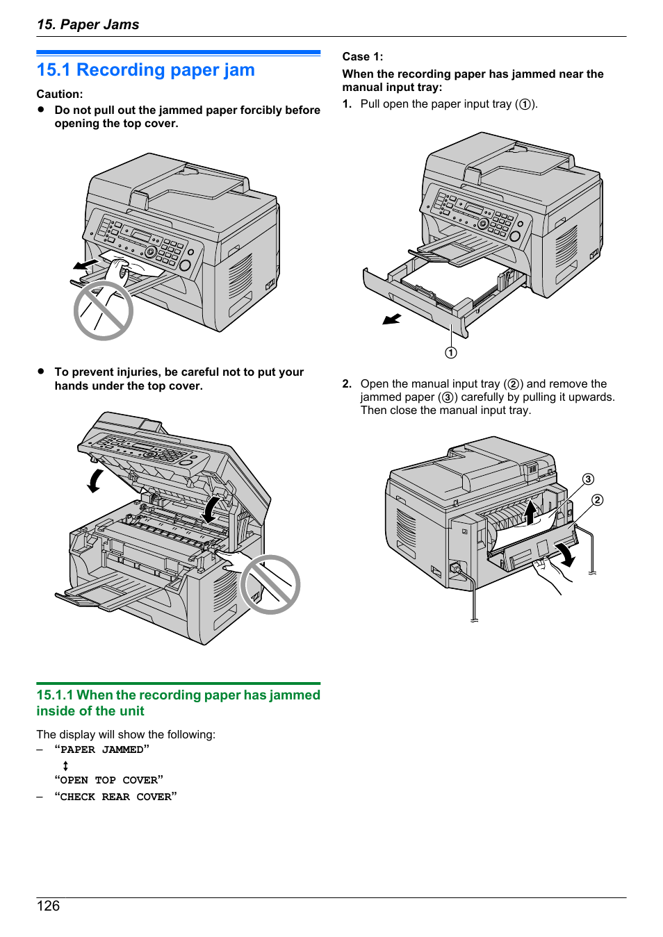 Paper jams, Jams, 1 recording paper jam | Recording paper jam | Panasonic KX-MB2060 User Manual | Page 126 / 160