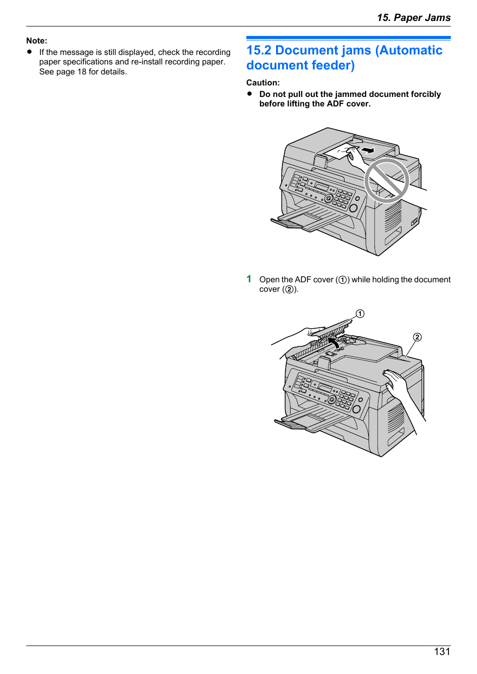 2 document jams (automatic document feeder), Document jams (automatic document, Feeder) | Panasonic KX-MB2060 User Manual | Page 131 / 160
