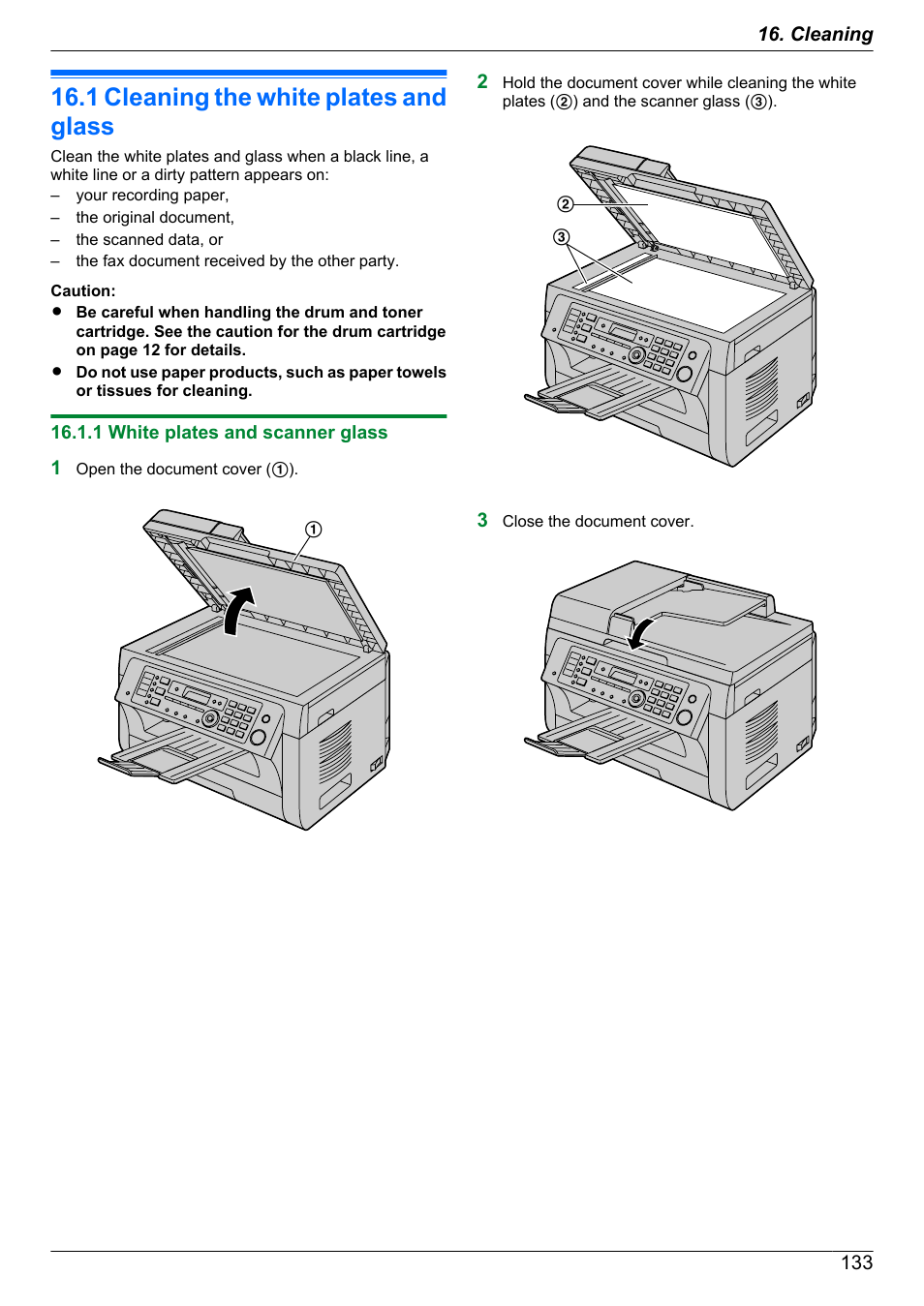 Cleaning, 1 cleaning the white plates and glass, 1 white plates and scanner glass | Cleaning the white plates and glass | Panasonic KX-MB2060 User Manual | Page 133 / 160