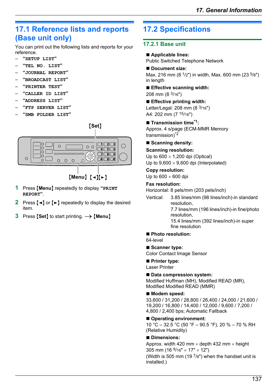 General information, Printed reports, 1 reference lists and reports (base unit only) | Specifications, 2 specifications, 1 base unit, Reference lists and reports (base unit, Only) | Panasonic KX-MB2060 User Manual | Page 137 / 160