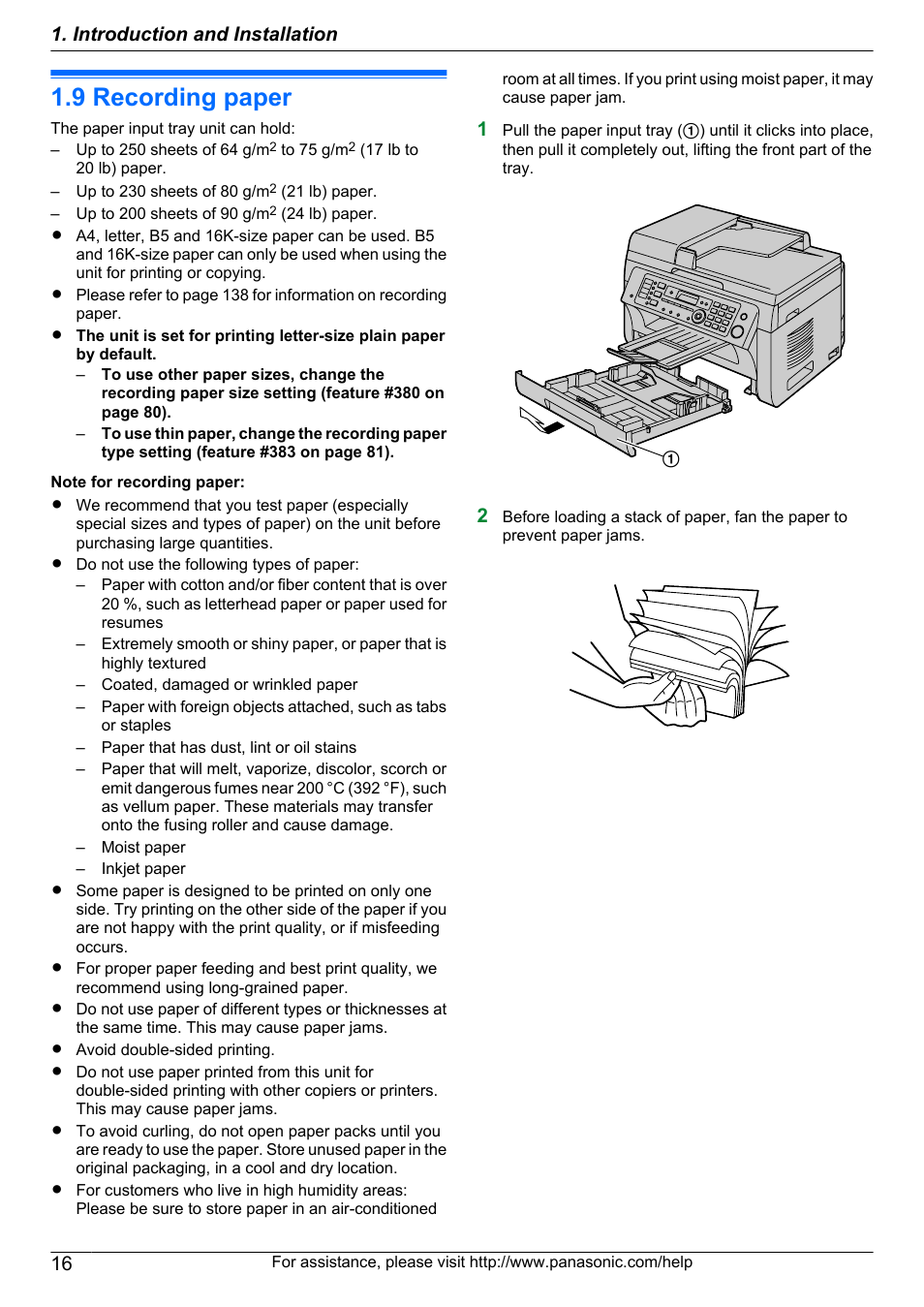 9 recording paper, Recording paper, Introduction and installation | Panasonic KX-MB2060 User Manual | Page 16 / 160