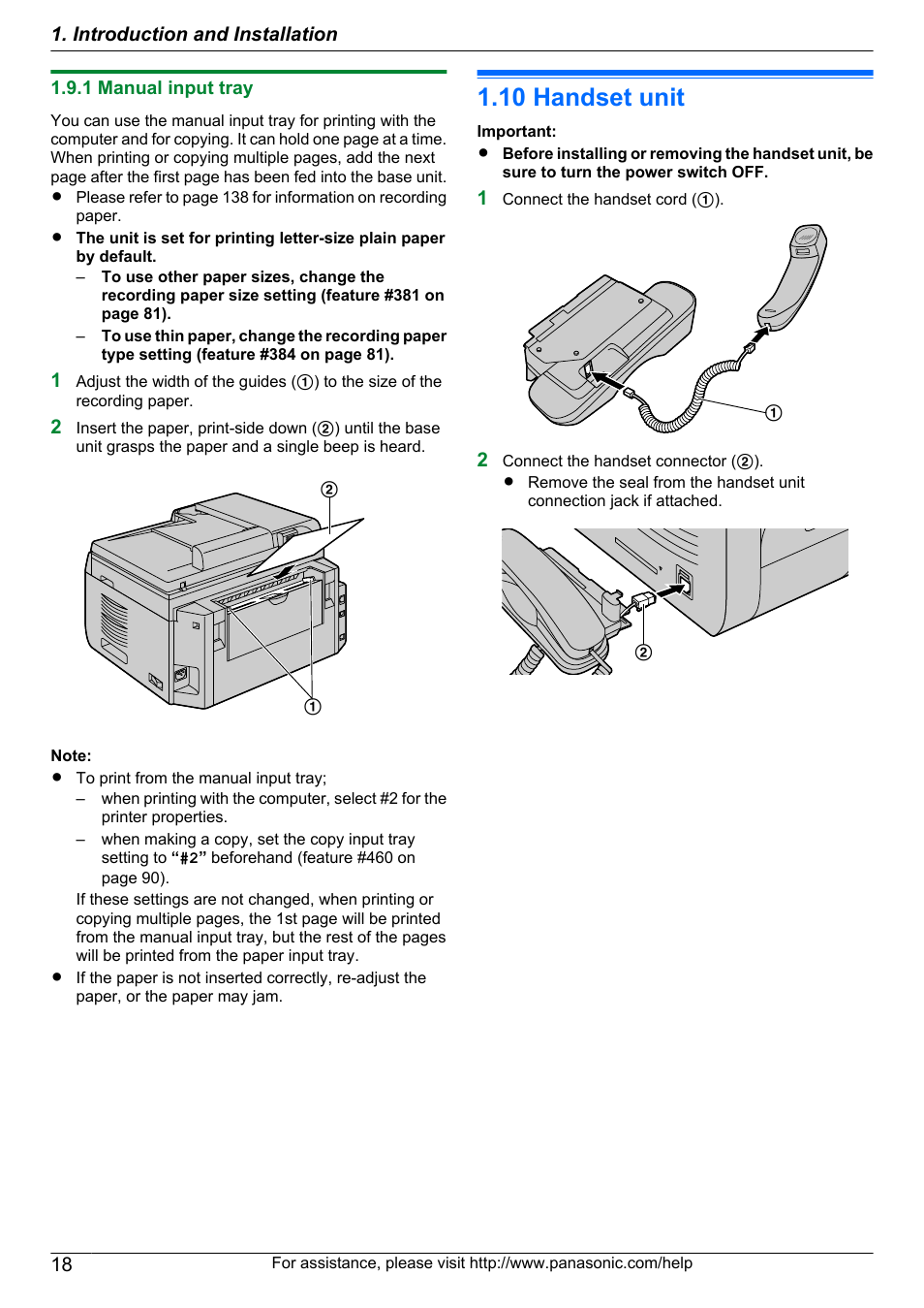 1 manual input tray, Telephone, 10 handset unit | Handset unit | Panasonic KX-MB2060 User Manual | Page 18 / 160