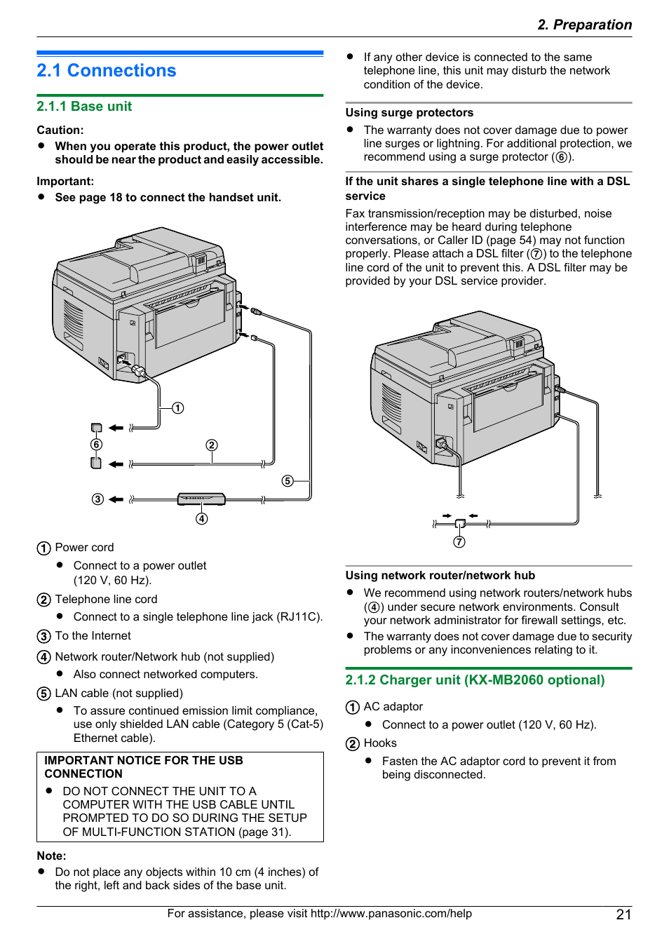 Preparation, Connections and setup, 1 connections | 1 base unit, 2 charger unit (kx-mb2060 optional), Connections | Panasonic KX-MB2060 User Manual | Page 21 / 160