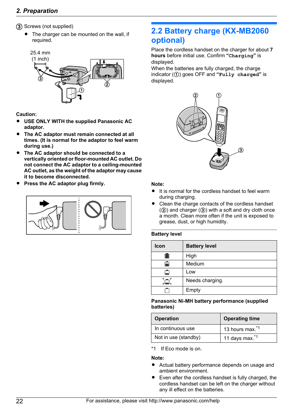 2 battery charge (kx-mb2060 optional), Battery charge (kx-mb2060 optional), Preparation | Panasonic KX-MB2060 User Manual | Page 22 / 160