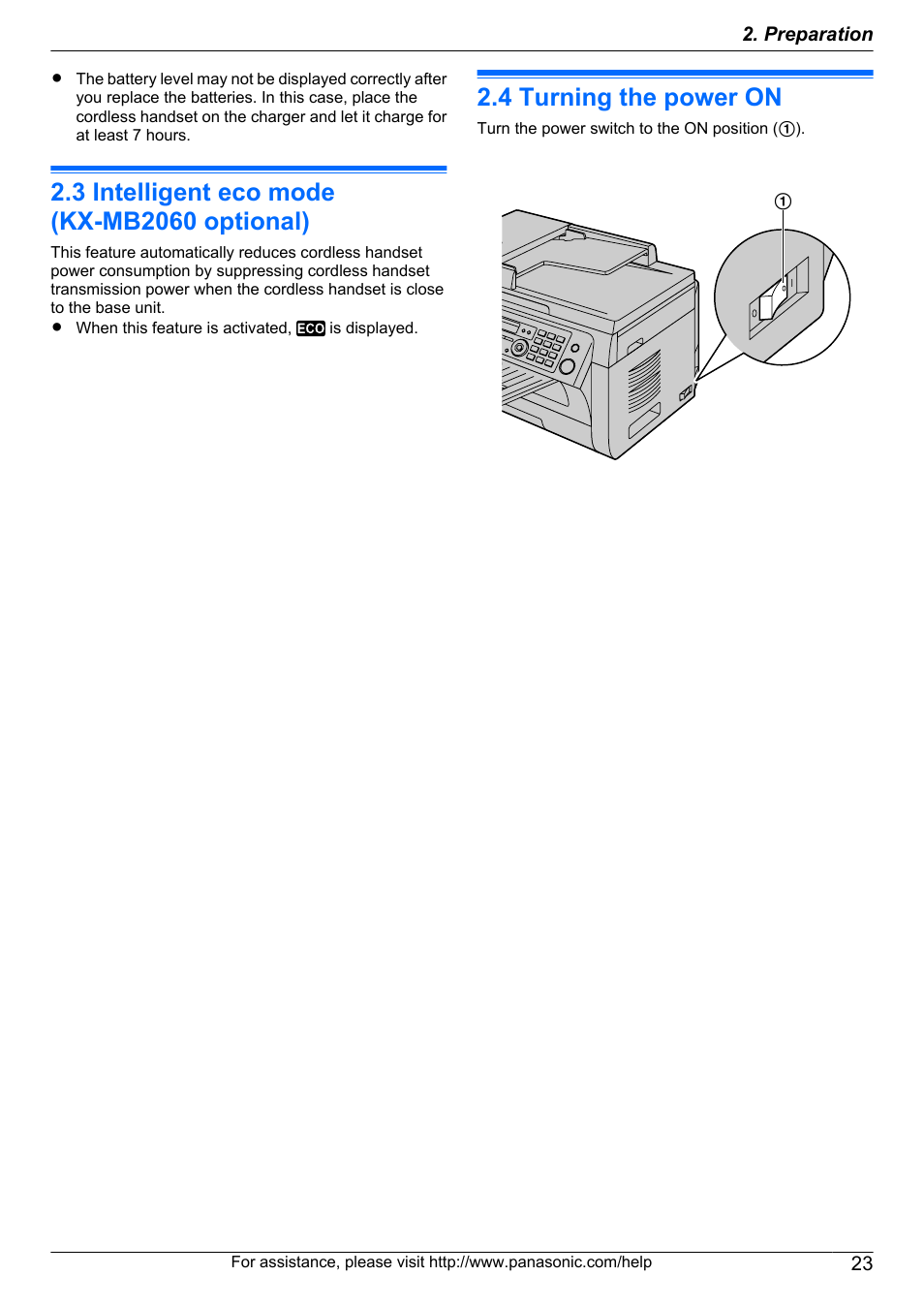 3 intelligent eco mode (kx-mb2060 optional), 4 turning the power on, Intelligent eco mode (kx-mb2060 optional) | Turning the power on | Panasonic KX-MB2060 User Manual | Page 23 / 160